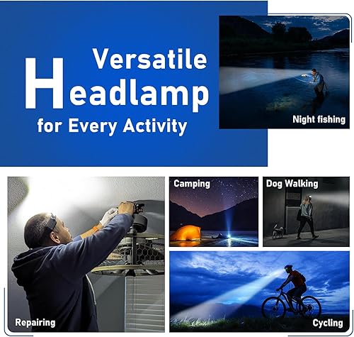 Miniatura 8 de Linterna frontal recargable (paquete de 2), linterna de cabeza LED, luz de diadema de haz ancho de 230, 400 lúmenes súper brillante, linterna