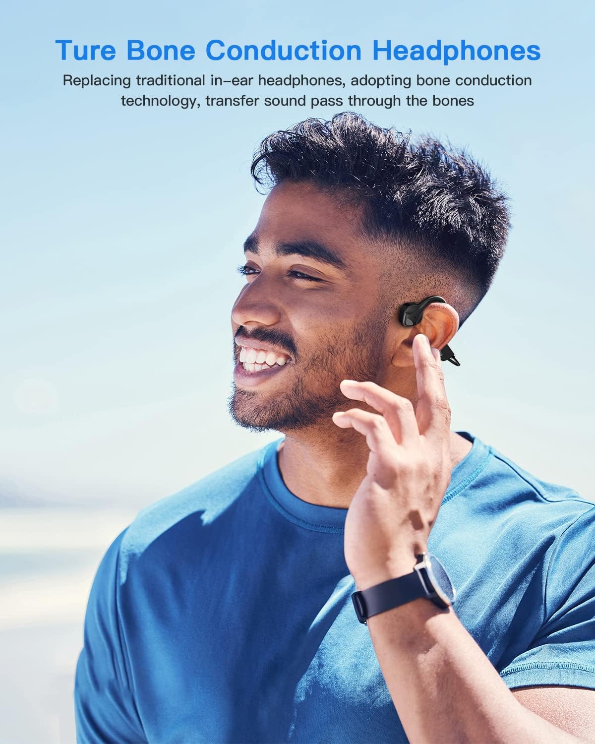 Person wiping sweat from their forehead while wearing bone conduction headphones