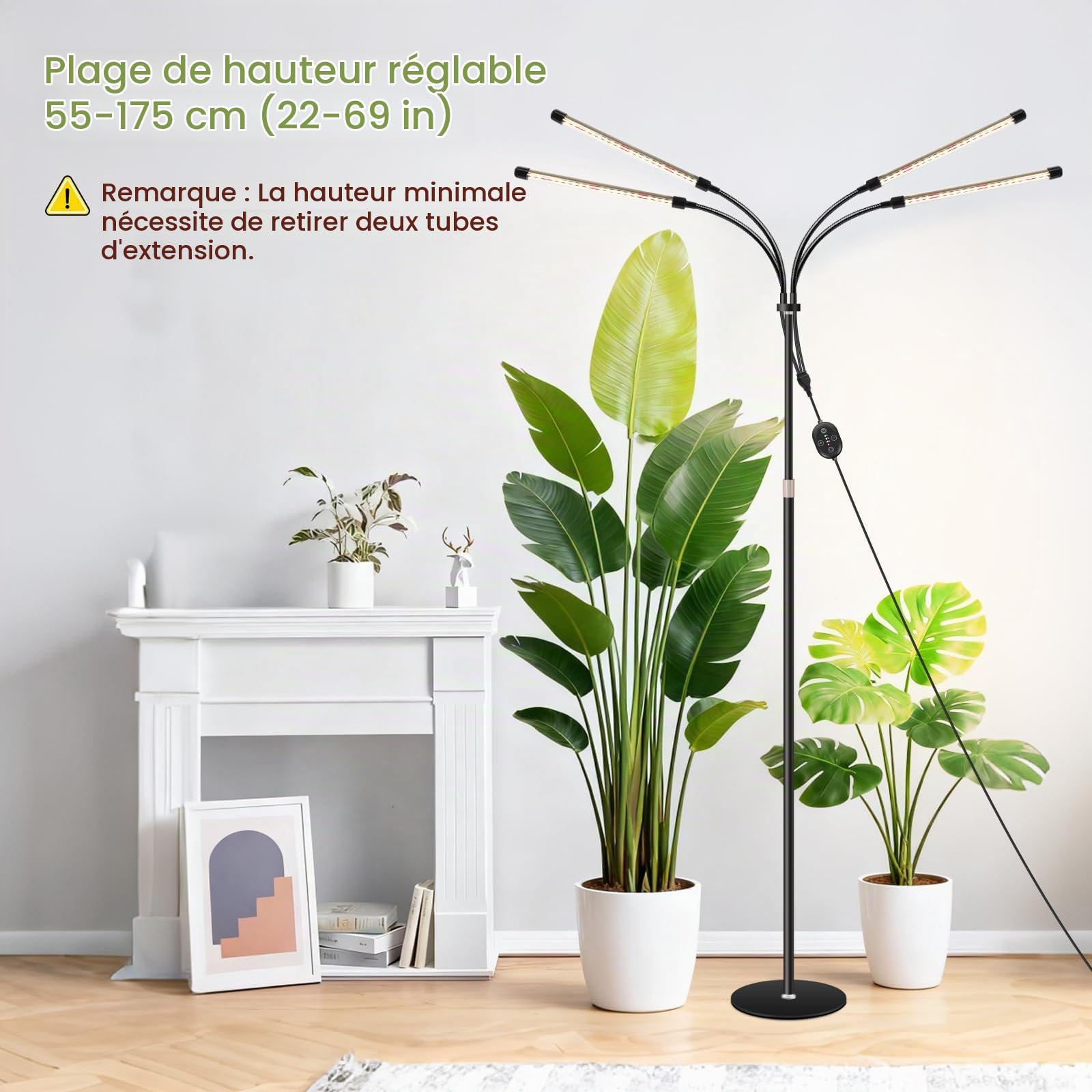 Lampe de culture pour plantes sur pied 12V, spectre complet renforcé 660nm LED avec minuterie 8/12/16H, compatible prise connectée & reprise automatique, intensité réglable, 20W