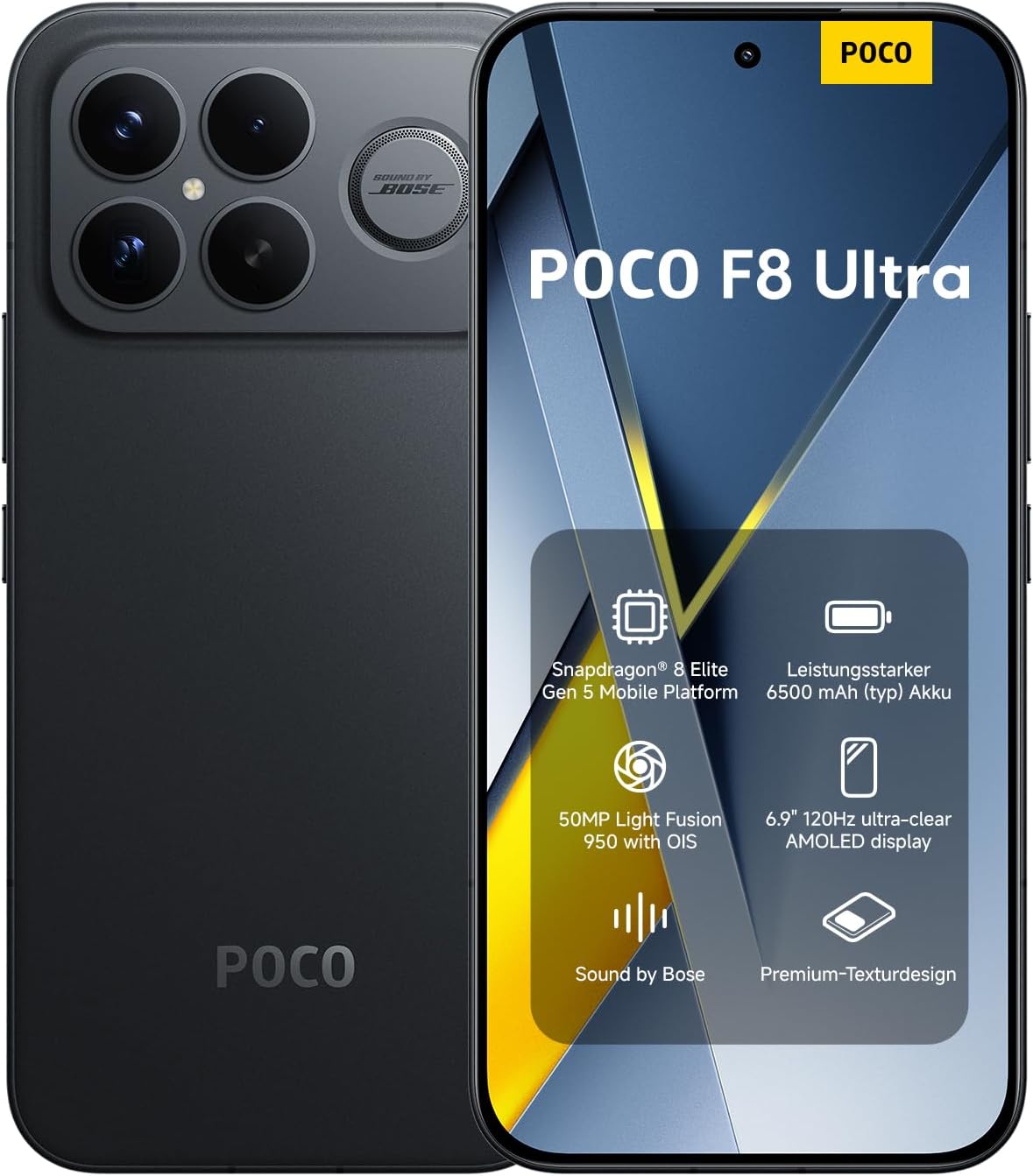 XIAOMI Poco F8 Ultra, Smartphone 12 + 256 GB, 6.9-inch 120 Hz AMOLED Display, 50 MP Light Fusion 950 with OIS, Sound by Bose, 6500 mAh, Black – XIAOMI product photo