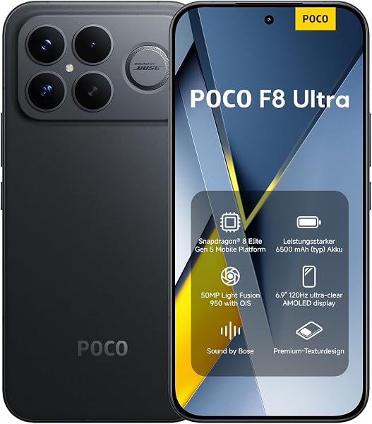 XIAOMI Poco F8 Ultra, Smartphone 16+512 GB, 6.9" 120Hz AMOLED Display, 50MP Light Fusion 950 mit OIS, Sound by Bose, 6500mAh, Schwarz, 2 Jahre Garantie - 1