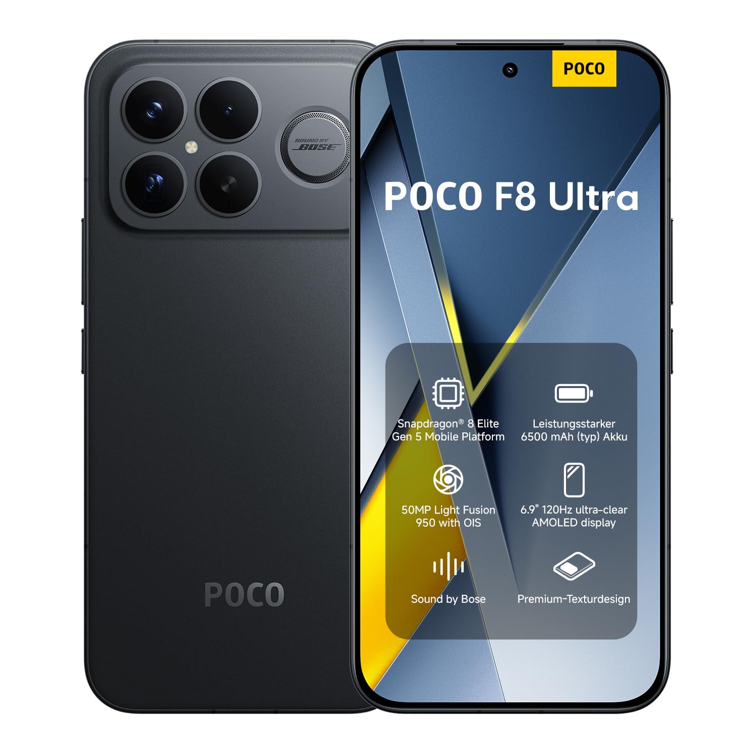 XIAOMI Poco F8 Ultra, Smartphone 16+512 GB, 6.9" 120Hz AMOLED Display, 50MP Light Fusion 950 mit OIS, Sound by Bose, 6500mAh, Schwarz, 2 Jahre Garantie
