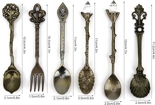 Miniatura 2 de Zerodis Juego de 6 cucharaditas innovadoras, vintage, retro, de aleación de zinc, juego de tenedores, pastel de azúcar, helado, cubiertos, Bronce