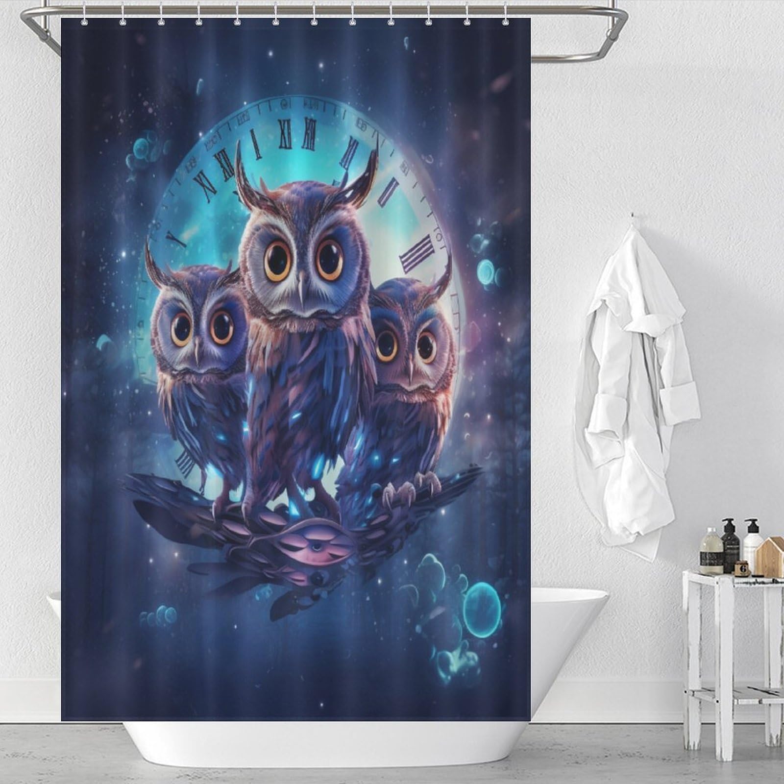 Rideau douche tissu hibou anti-moisissure imperméable lavable 12 crochets