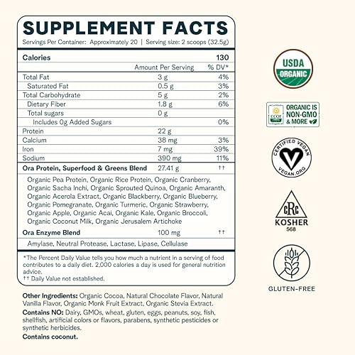 Miniatura 3 de Ora Organic Greens Powder & Vegan Protein Power Bundle 20+ Superfood Greens Blend - Sabor cítrico, 30 porciones + 0.78 oz de proteína a base de