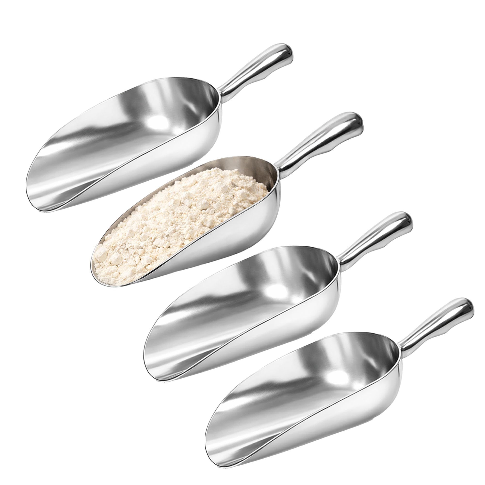 Chabrias Ltd 4 Pack 58oz Aluminium Metal Food Scoop Large Heavy Duty Bulk Scoops for Grain, Flour Bins, Rice, Dry Goods & Pet Food Storage – Commercial Kitchen Ingredient Scoops