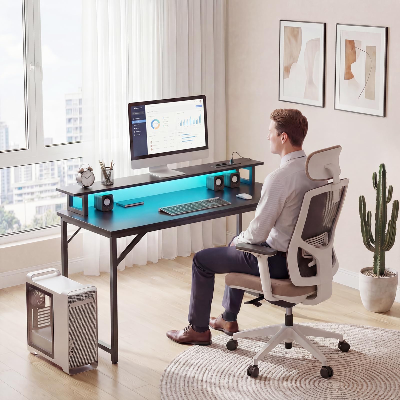 iSunirm Mesa Gaming con LED y Enchufes 120x50cm, Escritorio Gaming con Soporte para Monitor y Puertos USB, Escritorio Pequeño para Ordenador para Habitación y Oficina, Negro