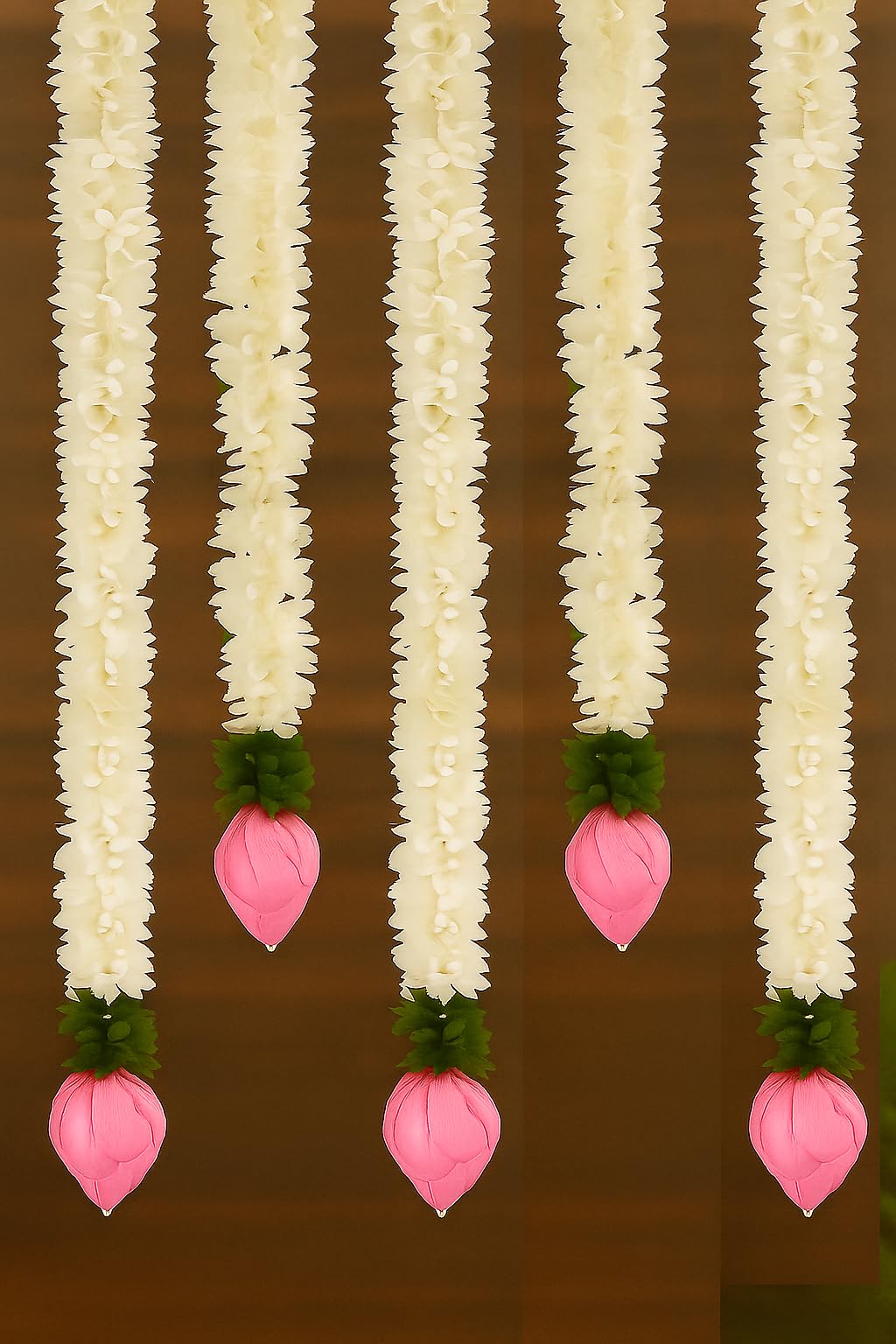 Divyakosh Garlands for Home Decoration, Lotus Hangings (Pack of 5 Latkan, Size 14 Inch Each) | Offwhite Fabric & Solawood Lotus Buds | Flower Garlands for Home Decoration |