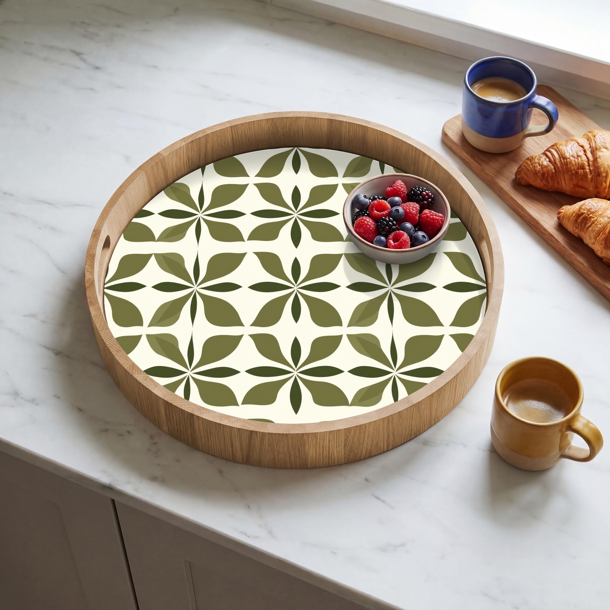 Bandeja Madera De Roble Redonda 40x40 cm Bandejas Desayuno para Servir Comida Cocina Resistente Al Calor Cafe Tray Tabuleiro Botánico - Retro - Verde