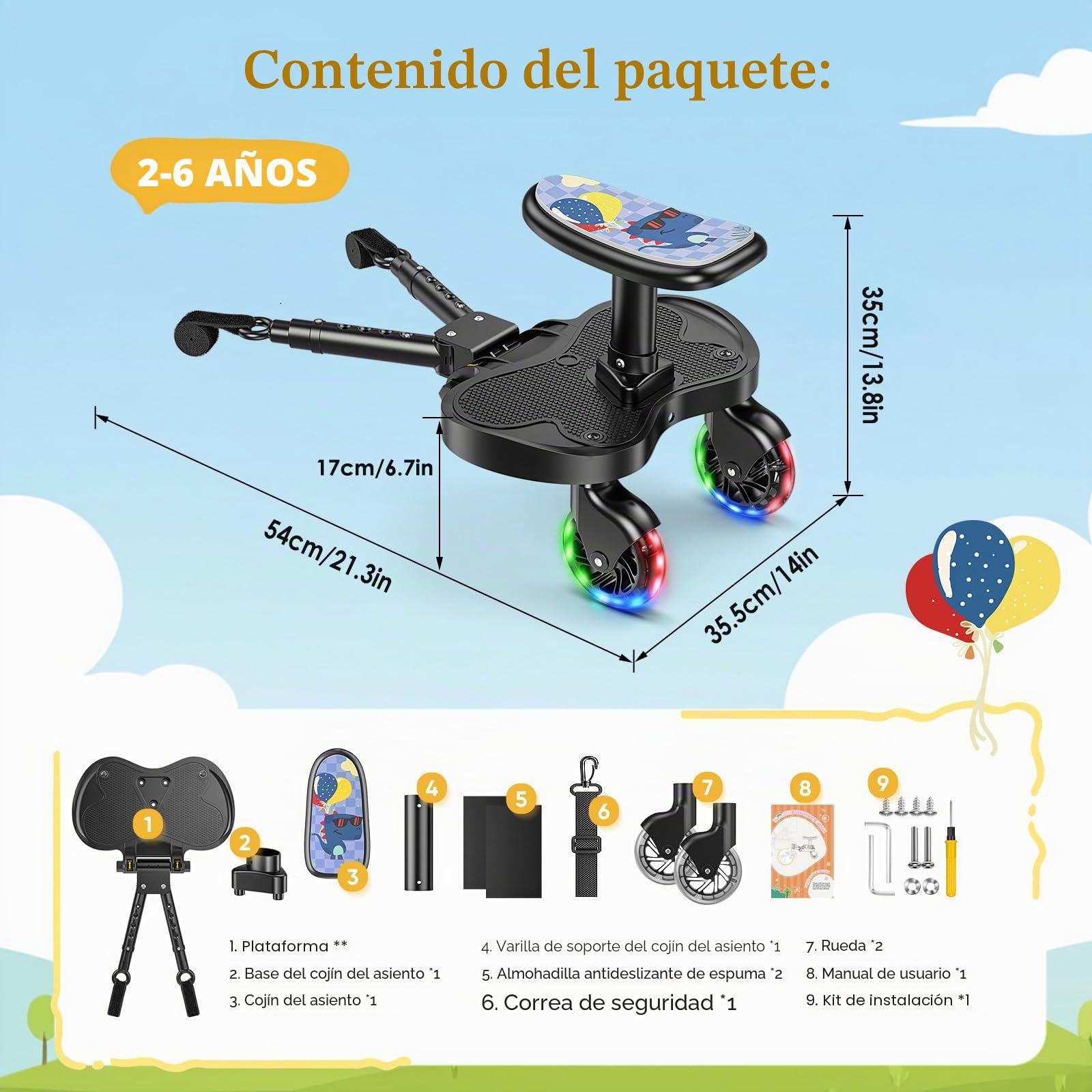 Silla de paseo con asiento, plataforma universal con ruedas LED, accesorios para niños a partir de 2 – 6 años (25 kg), accesorios para cochecito de bebé para más del 99% de los cochecitos
