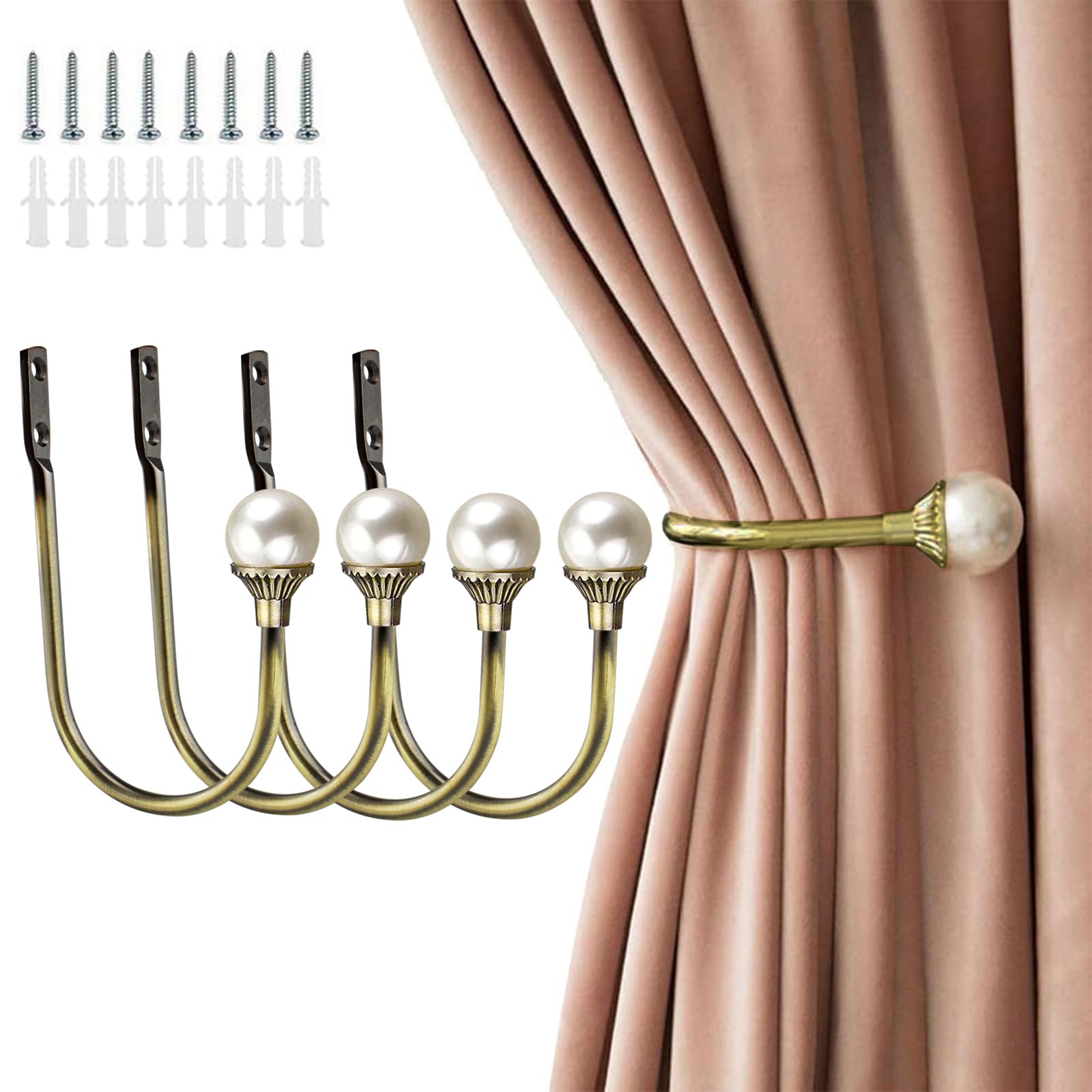Coolnice Lot de 4 embrasses de rideaux murales en plastique avec perles en forme de U avec vis pour la maison et le bureau - Bronze antique