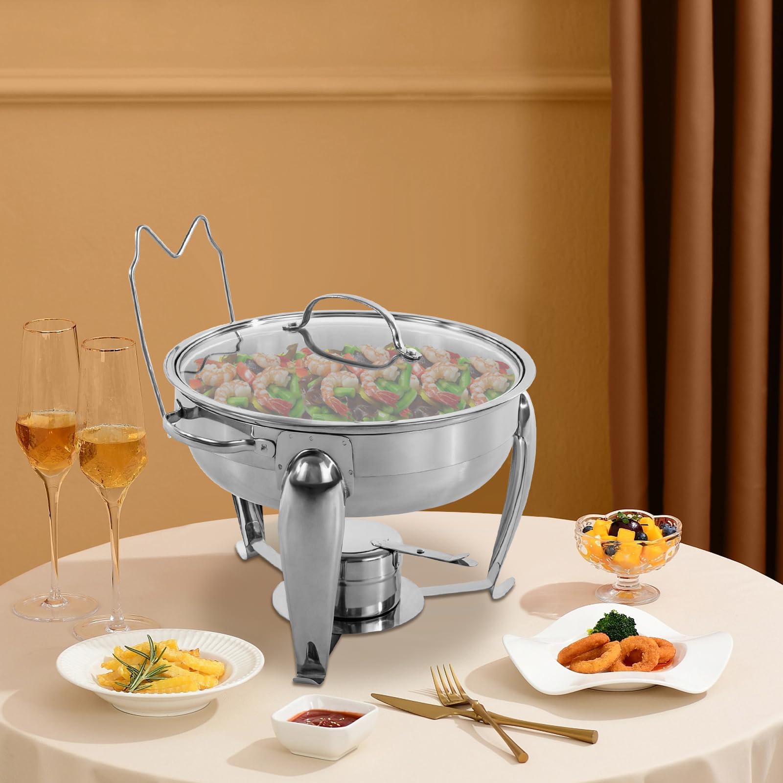 Produktbild von 4er Set Chafing Dish – Edelstahl, Rund, 4,7 L, Mit Deckel, Löffel & Zange, Für Buffet, Catering, Hochzeit & Party, Inkl. Brennpastenhalter