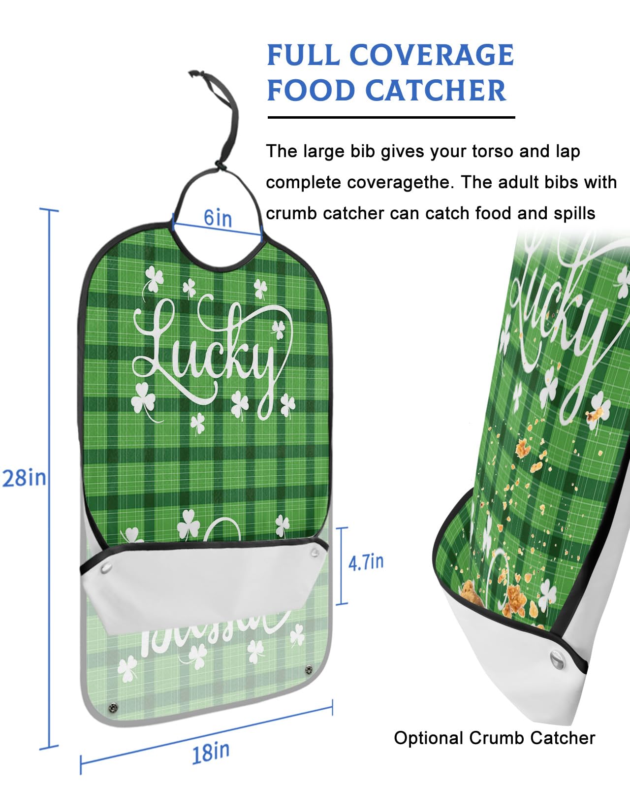 St. Patrick's Day Adult Bibs for Eating, Waterproof Bibs with Food Catcher & Adjustable Snap Closure, Green and Black Buffalo Plaid Clover Lucky Splicing Clothing Protectors Adult Bibs for Elderly
