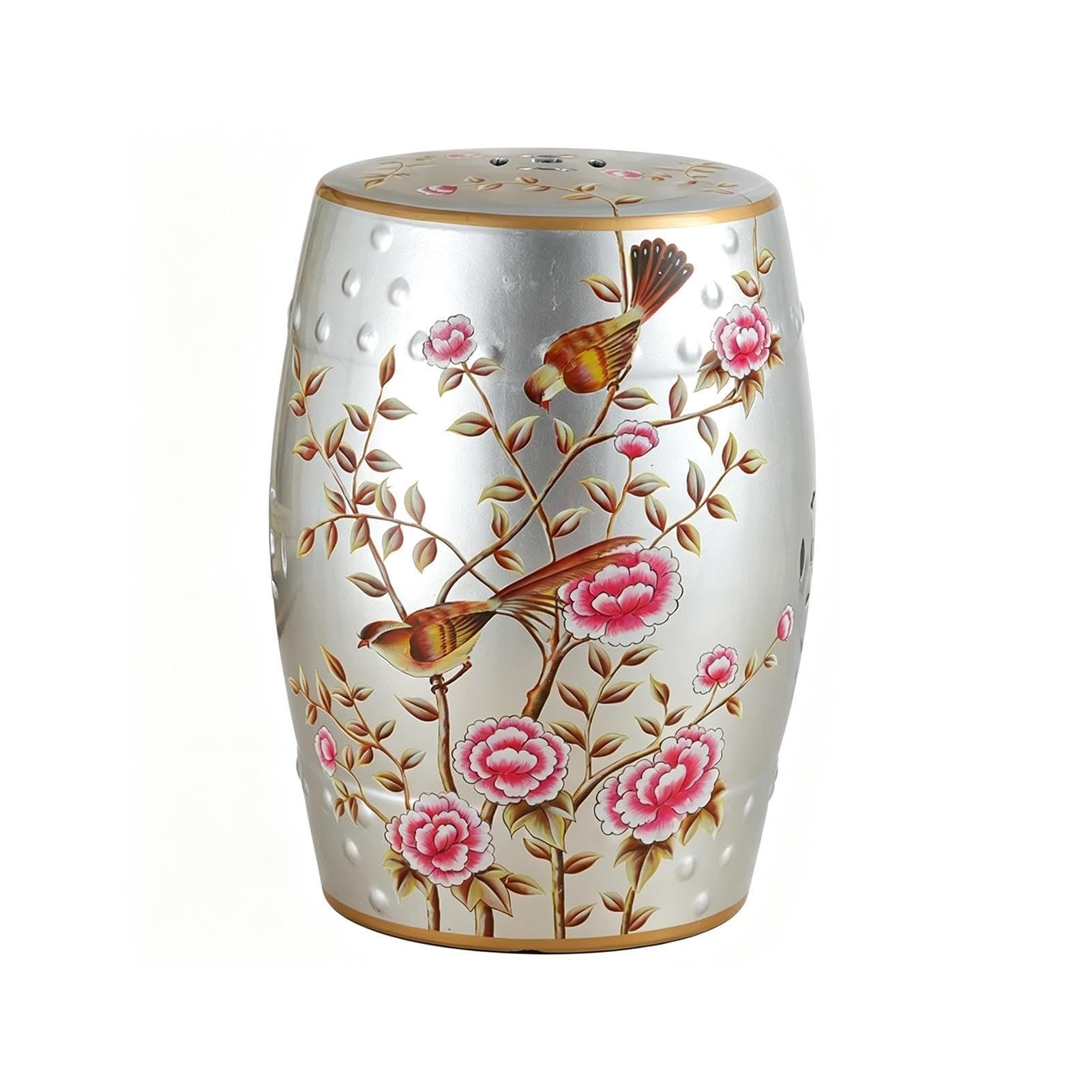 Dekoracyjny Ceramiczny Stołek Ogrodowy, Chinoiserie Na Zewnątrz Dekoracyjny Stołek Na Perkusję Wewnątrz Na Zewnątrz Stolik Boczny Na Patio W Ogrodzie Balkon Salon Łazienka(Silver)
