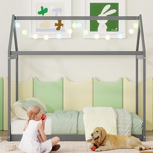 Miniatura 48 de Bellemave Cama individual para niños, cama de madera de pino, camas Montessori para niños, color blanco con estante Blanco,Madera de pino gris,gris