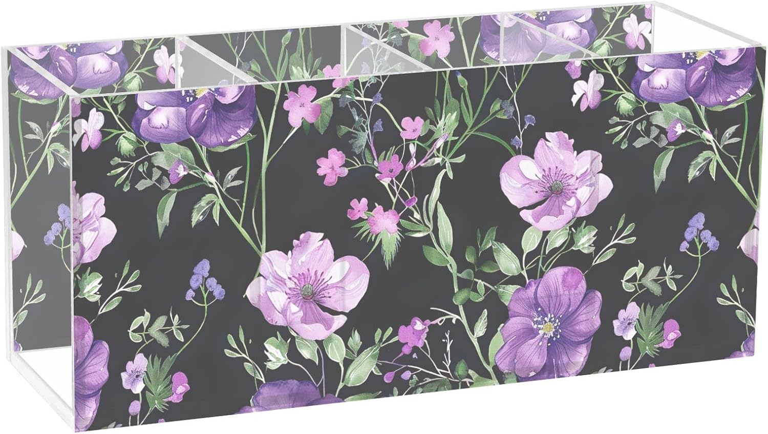 CHIFIGNO Retro Purple Floral Acrylic Pen Holders 4 Compartments Pencil Organizer for Desk Hair Brush Holder Decorative Marker Holder for Office,