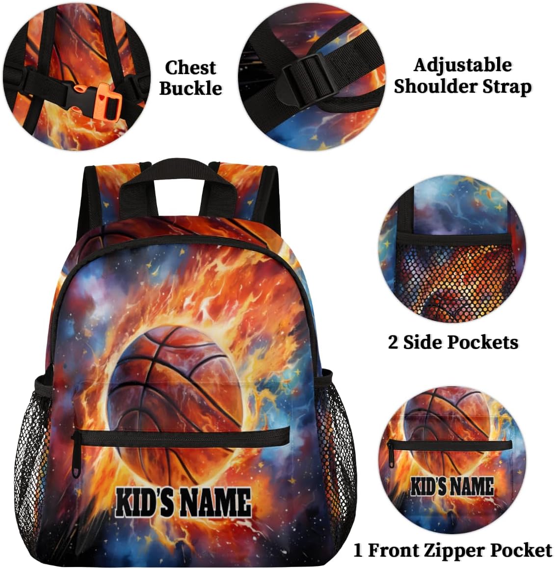 cfpolar Personalized Kids Backpacks for Boys Girls 12 In, Custom Name Mini Toddle Backpack, Waterproof School Bookbags Casual Daypack Bag for Preschool Kindergarten, Space Starry Sky Fire Basketball