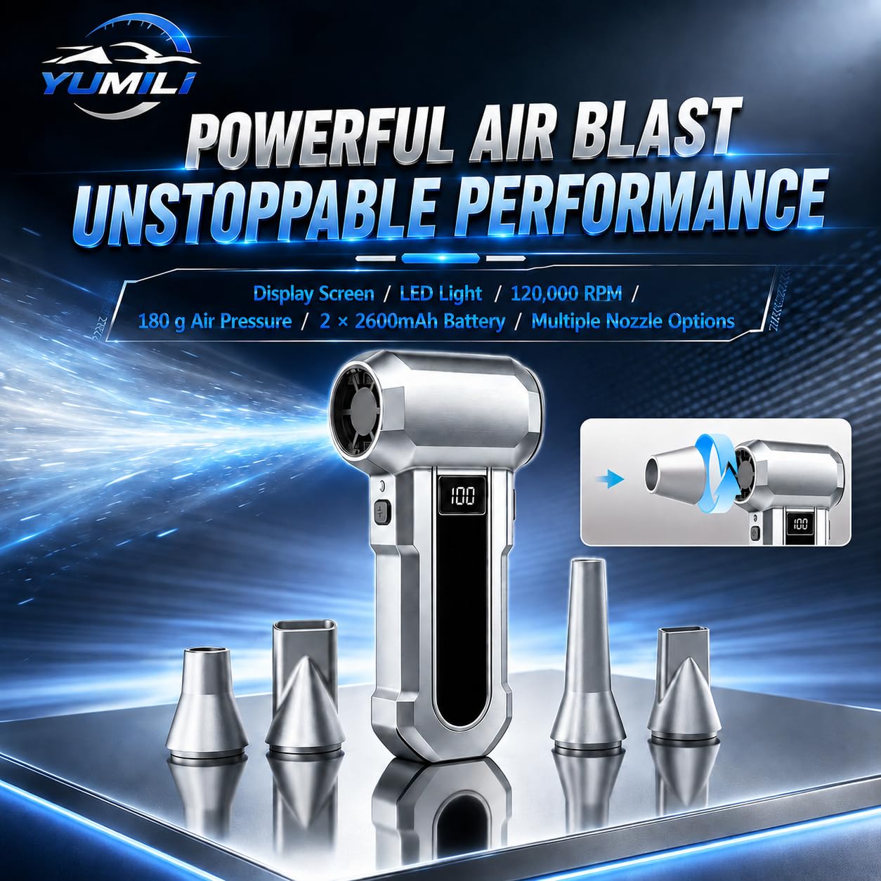 Souffleur Air Comprimé et Aspirateur 2 en 1, 120000 tr/min, 4 Vitesses