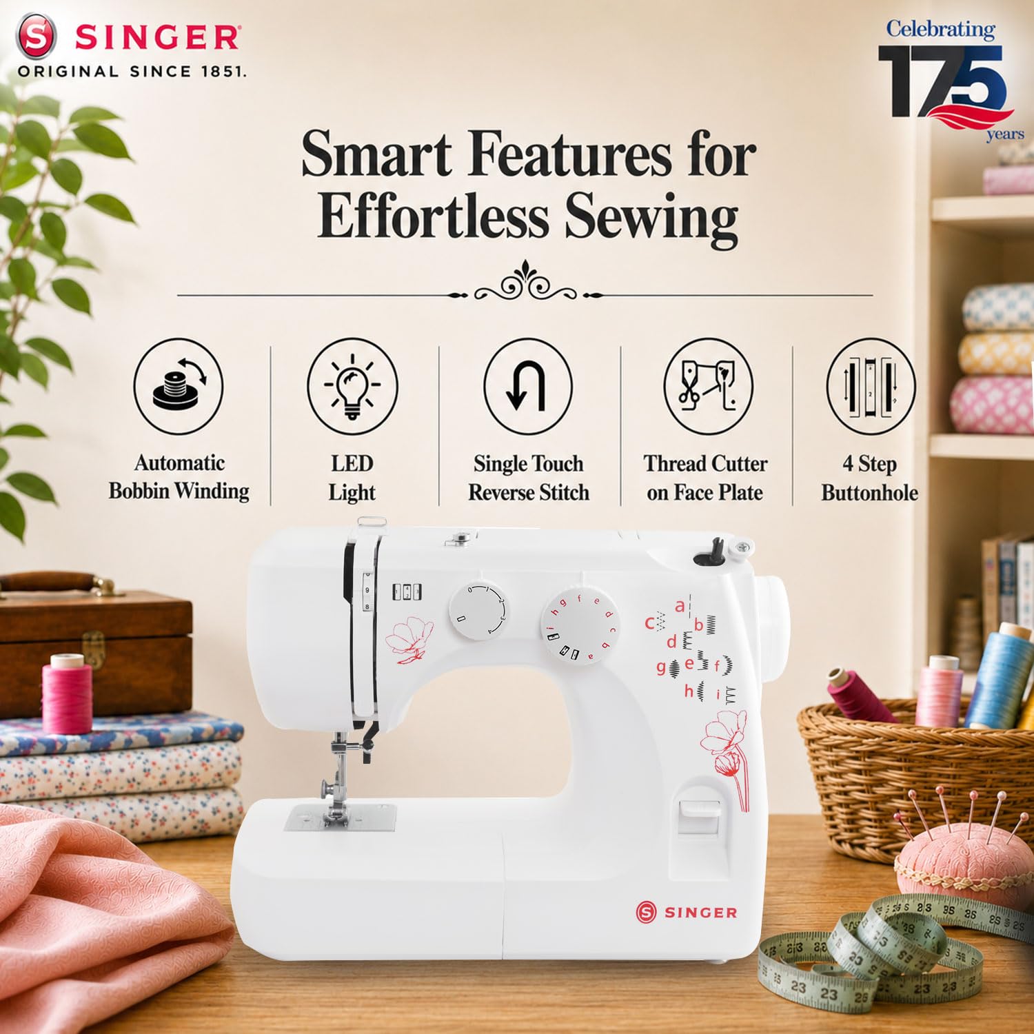 SINGER 1310 Automatic Zig Zag Electric Sewing Machine | 10 Built-in Stitches & 22 Stitch Functions | Powerful 60 W Motor | 4-Step Buttonhole | Length Dial | LED Light | Metal Frame | 2 Years Warranty — Amazon image 5