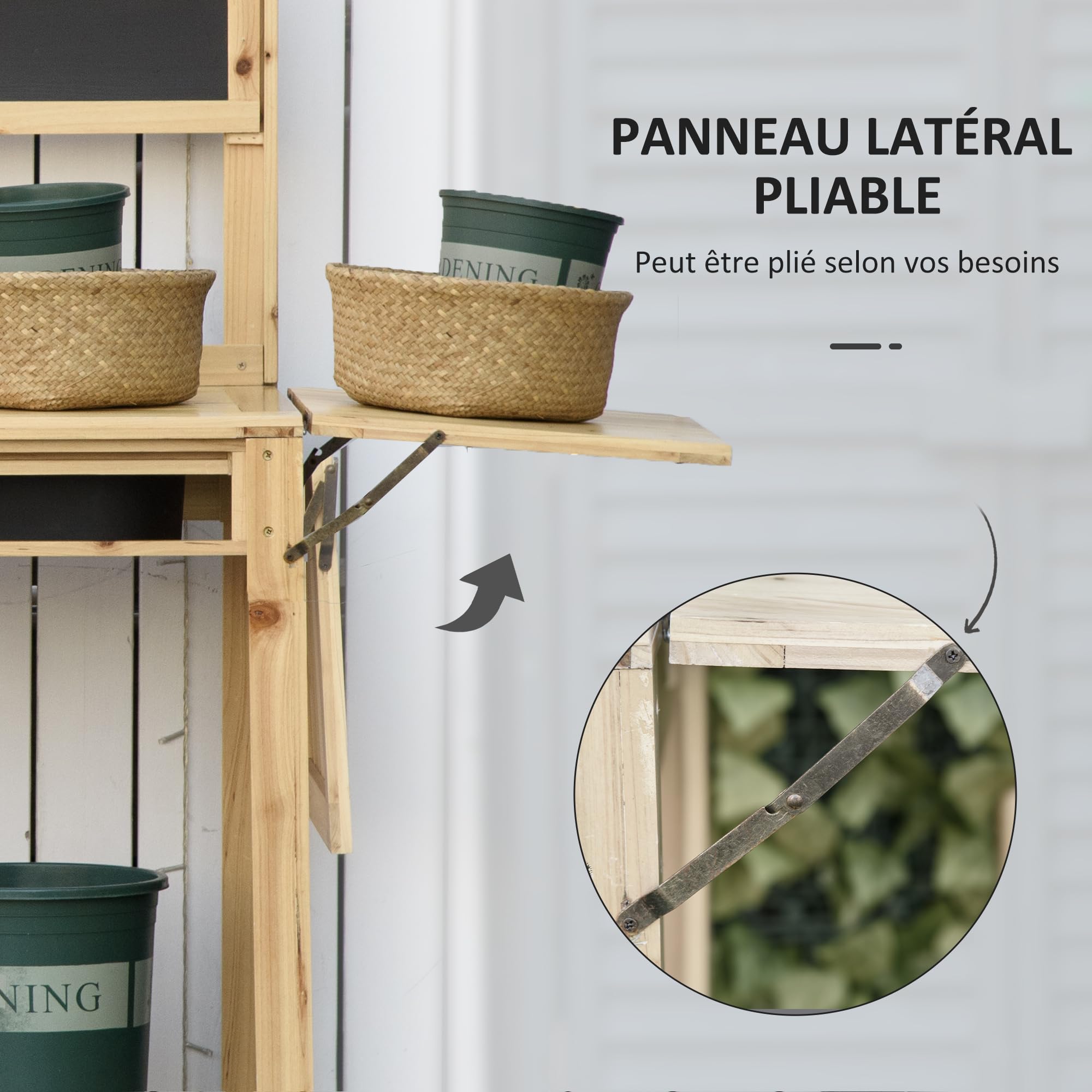 Outsunny Table de rempotage de jardin avec 2 étagères, tiroir, étagère pliante, 8 crochets, évier, tamis, planche en bois d'épicéa
