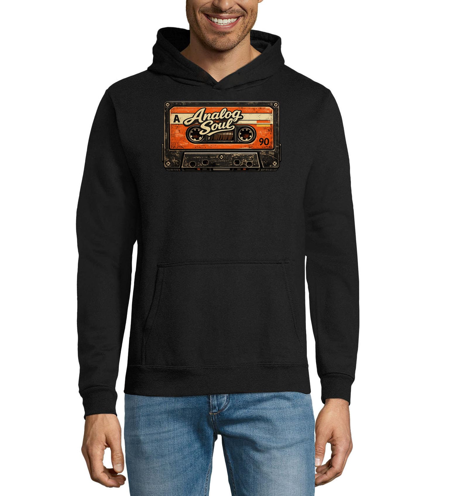 Sweat à capuche vintage en coton mélangé avec motif cassette audio - Noir