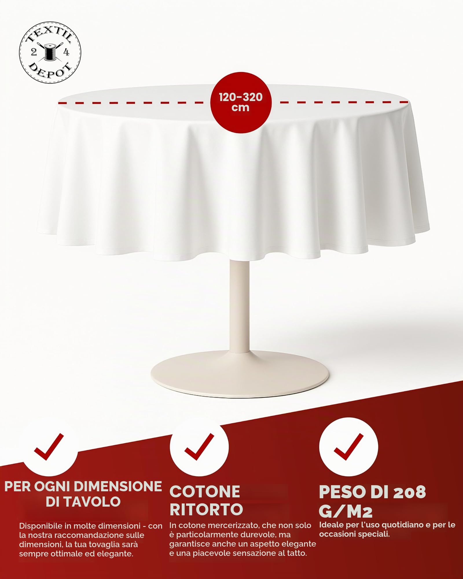 Tovaglia 200 cm rotonda 100% cotone bianco