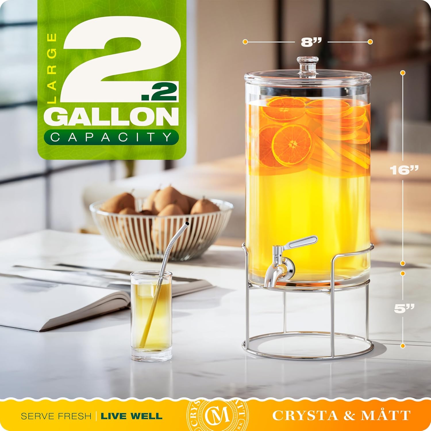 2.2 Gallon Glass Beverage Dispenser With Stand | Glass Water Dispenser With Stand | Leakproof Spigot | Ideal for Hot and Ice Cold Drinks | Perfect for Breakfast, Parties, Weddings
