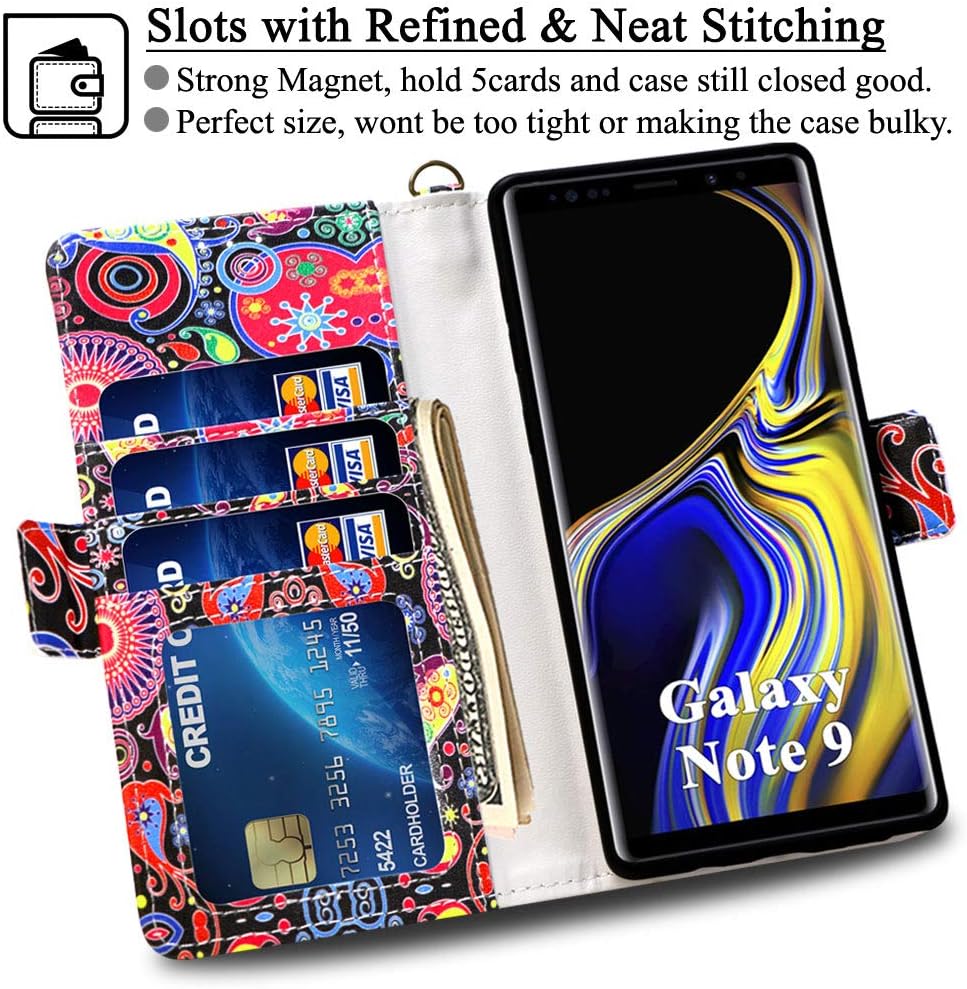 MEFON Galaxy Note 9 Wallet Case Leather Detachable, Durable Slim, Enhanced Magnetic Closure, with Wrist Strap, Card Slot, Kickstand, Luxury Flip Folio Cases for Samsung Galaxy Note9 6.4 (Paisley 2)