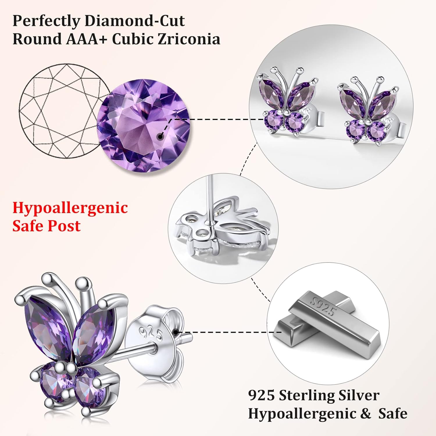 Bestyle Sterling Silver Butterfly Earrings for Women, Dainty Cute Birthstone Studs Hypoallergenic Jewelry, Great Birthday Gift - Image 3