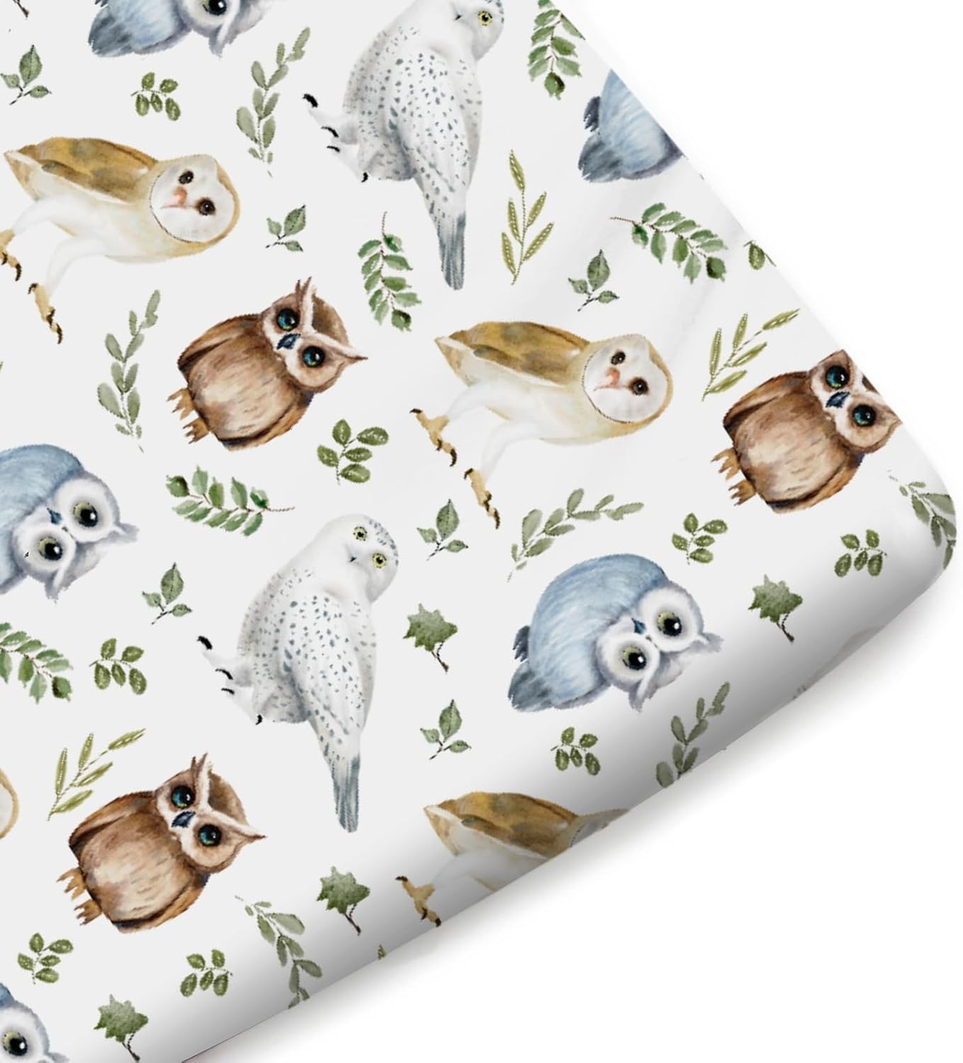 Watercolor Owls Green Leaves Baby Fitted Crib Sheet for Boy Girl 52"x28" Owl Birds Boho Leaves Soft Crib Mattress Cover Breathable Baby Bed Sheets for Standard Crib and Toddler Mattresses