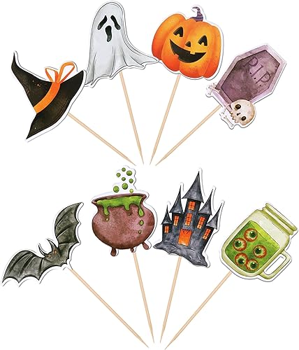 Miniatura 3 de 40 piezas de decoración de Halloween para cupcakes de doble cara, sombrero de bruja espeluznante fantasma, palillos de magdalenas, castillo de