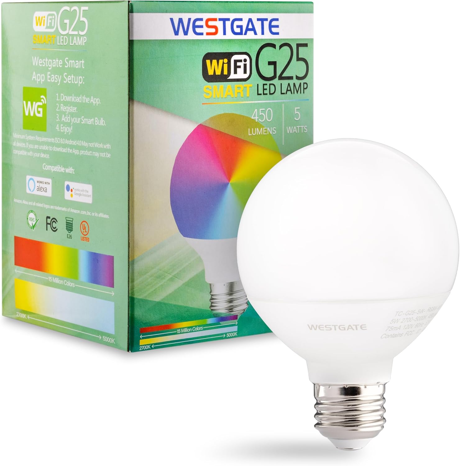 Westgate TC-G25-5W-RGBW-WIFI LED Smart Lamps 5W RGBW, Color Changing Light Bulb, Compatible with Alexa, Works with Google Home, Bathroom Vanity Light, 1 per Box