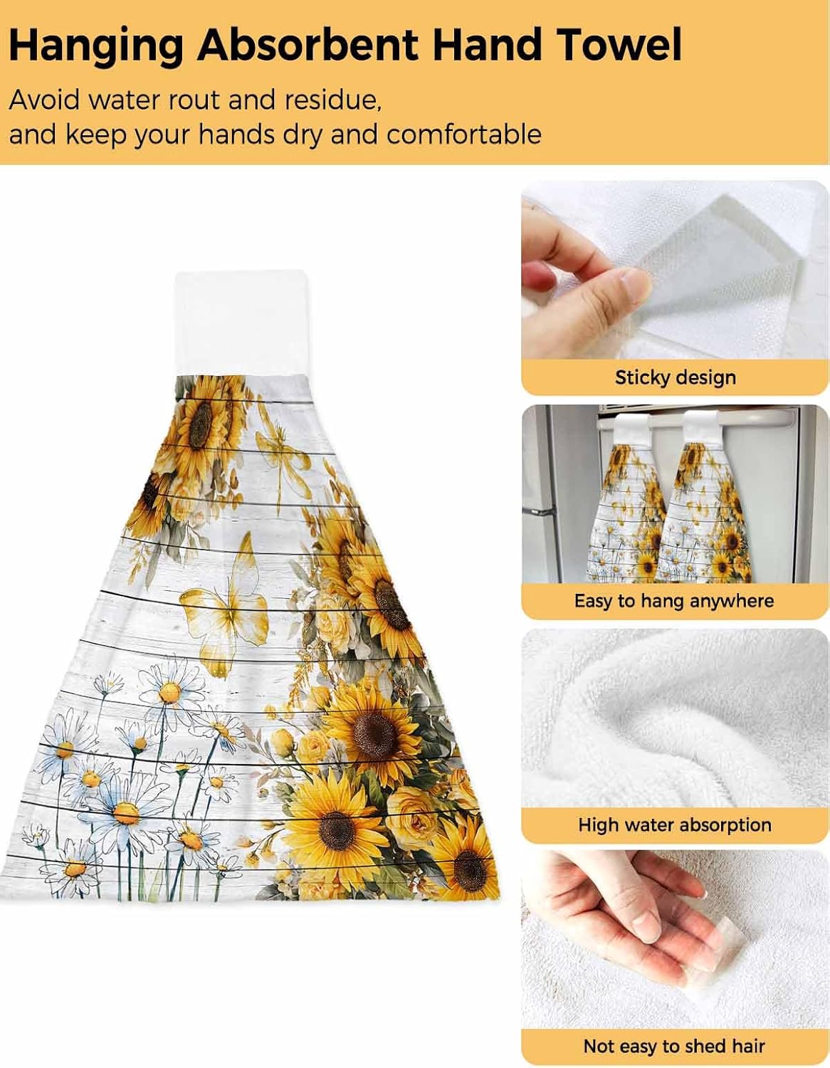 Farmhouse Sunflower Kitchen Hand Towels with Hanging Loops Set of 2 Vintage Daisy Butterflies Gray Wood Soft Thick Oven Fingertip Dry Microfiber Tie Dish Towel Absorbent Cleaning Washcloth