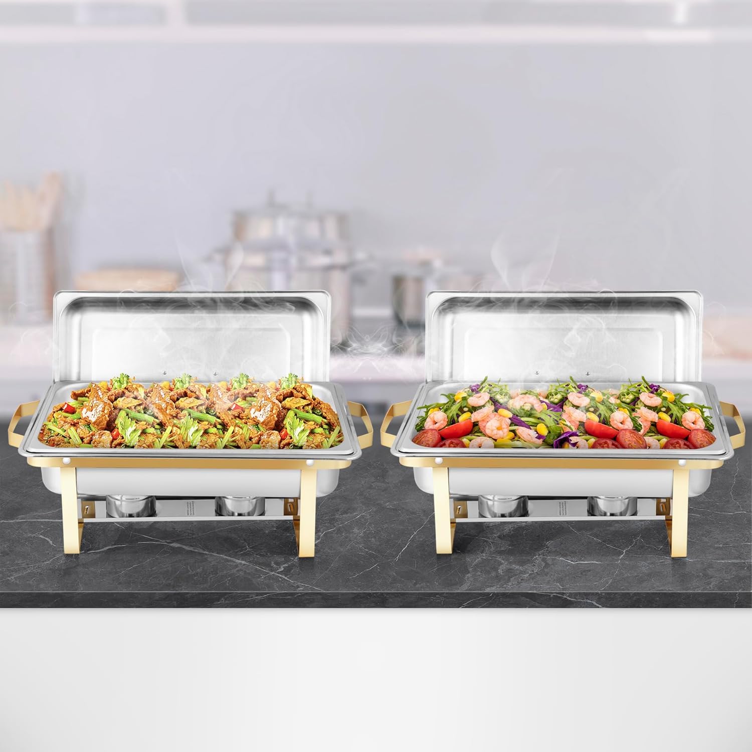SUPER DEAL 8 Pack 8QT Food Warmer, Rectangular Chafing Dish Buffet Set w/Foldable Frame Legs, Stainless Steel Full Size Chafer Dish for Parties, Gold