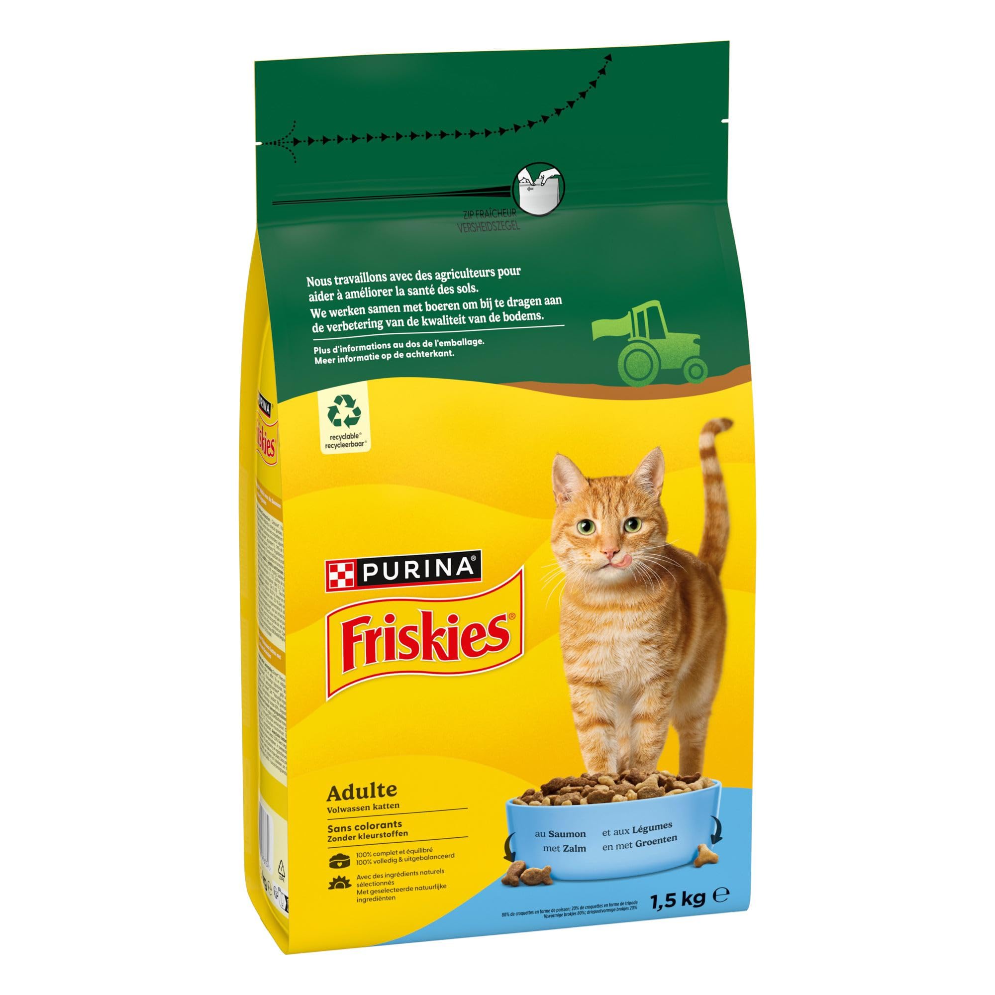 FRISKIES | Chat | Croquettes complètes pour Chats Adultes | Au Saumon et aux Légumes | Aliment Complet Riche en Vitamines et Minéraux | Sac | 1,5 KG