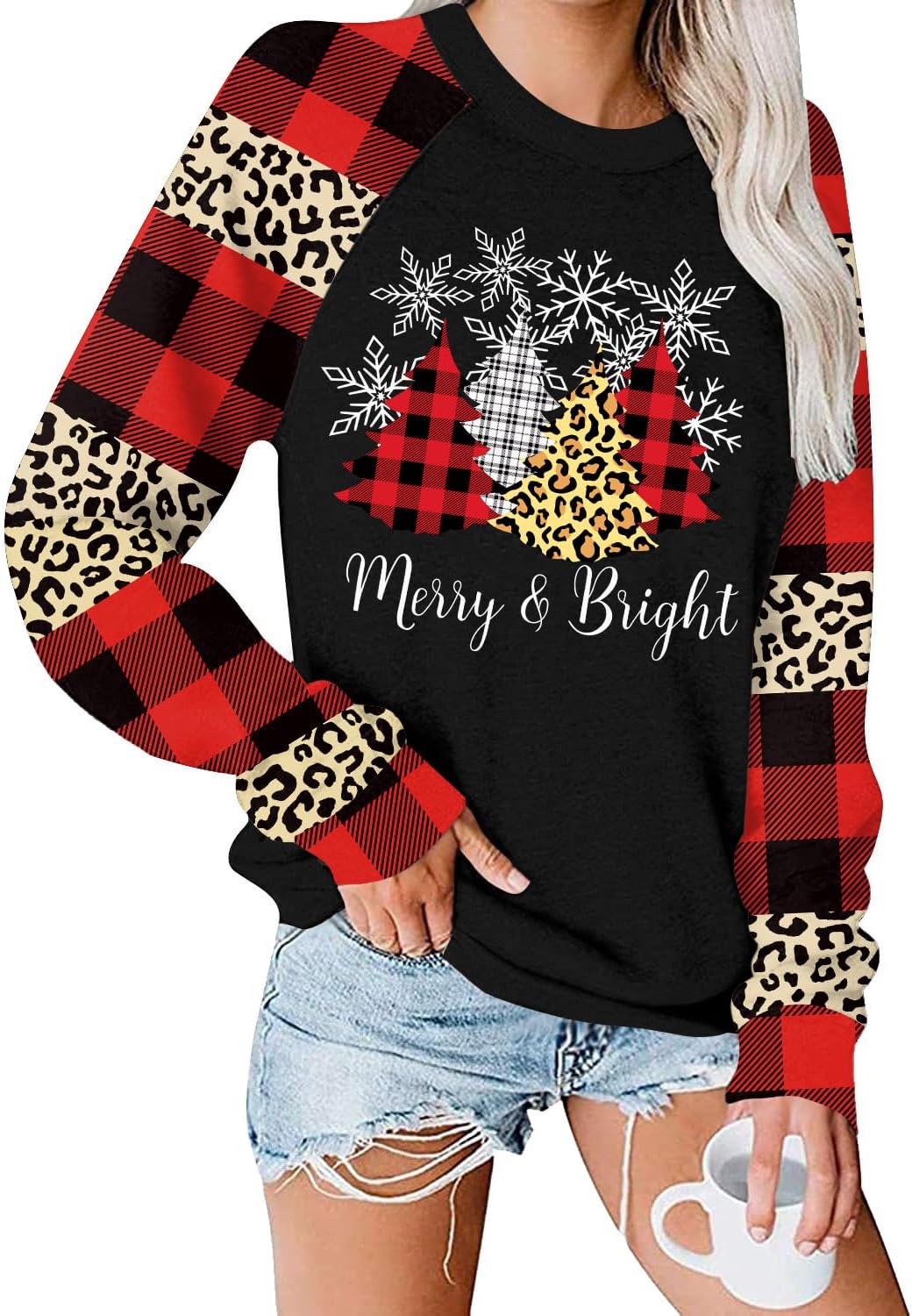 For G and PL Christmas Womens Raglan Long Sleeve Holiday Graphic Shirts Xmas Sweatshirts Buffalo Plaid Leopard Tree Snowflake Merry Bright L