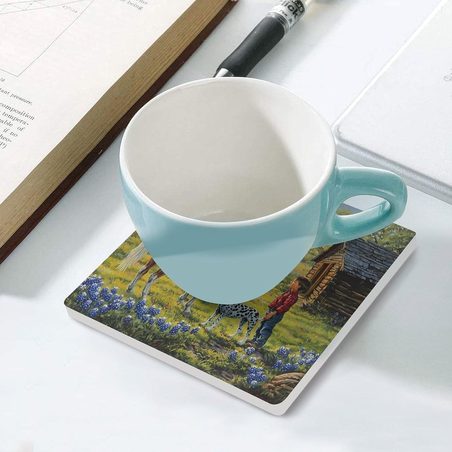 Woman on Horse Coasters for Drinks Square Ceramic Coasters Cup Mats with Cork Base