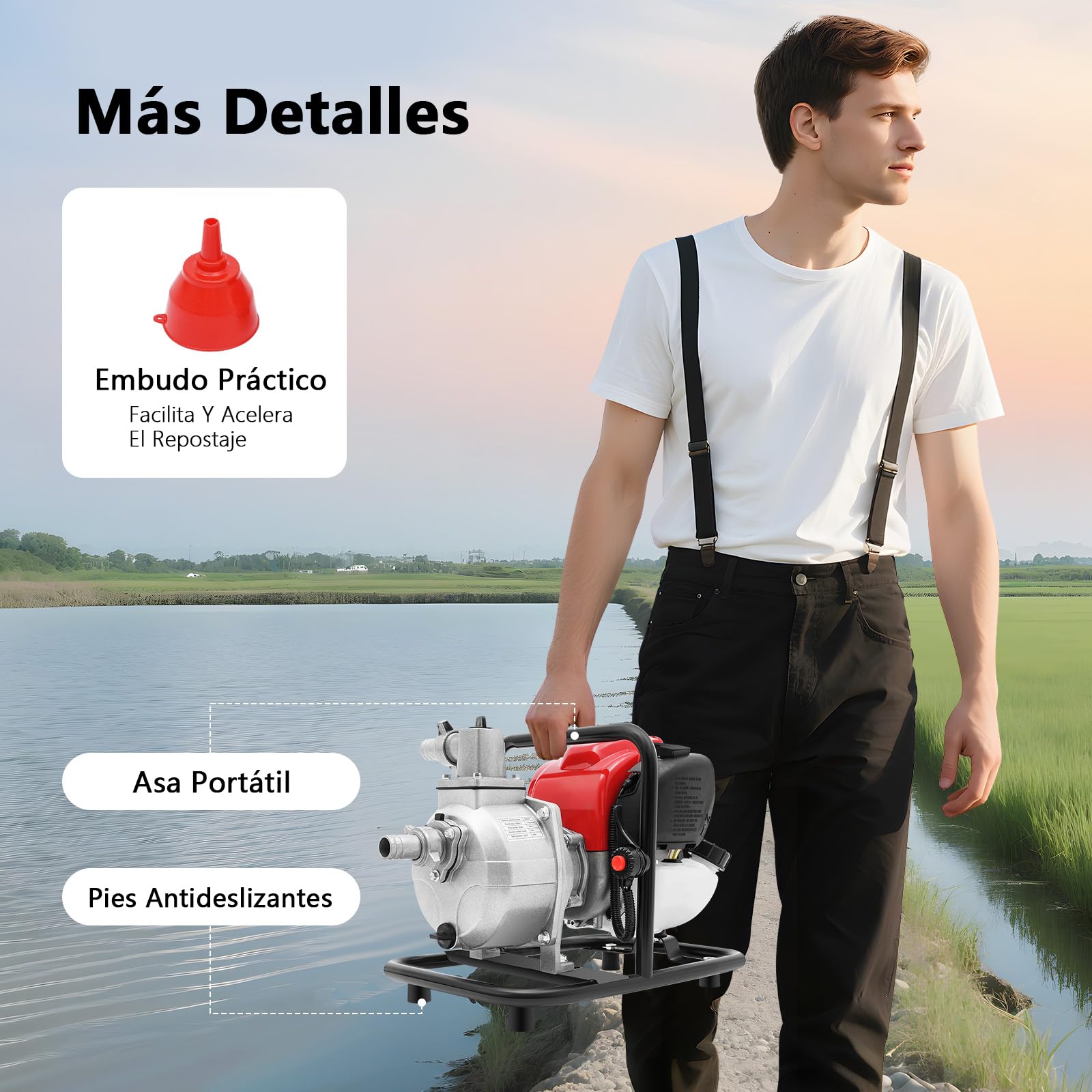 Bomba de agua de gasolina de 1 pulgada con motor de 4 tiempos de 1,2 kW, capacidad de extracción de 8100 l/h, altura de agua de aspiración de 8 m, autoaspiración de 3 m, bomba de agua sucia