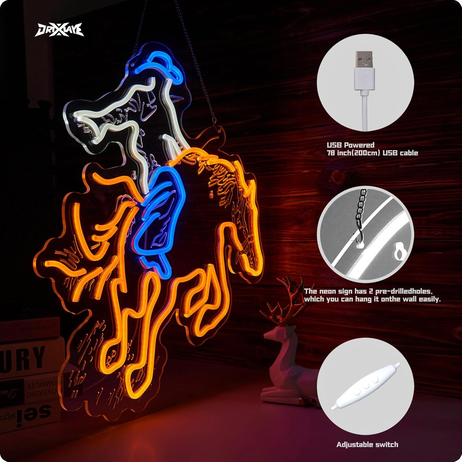 Cowboy neon sign for wall decor Large Size(22.5,21.4 in) Teen Room Decor Hip Hop Party Signs for Bedroom Man Cave Bar Store Home Party Gifts Birthday Party Home Art Decor (Blue + Yellow Cowboy)