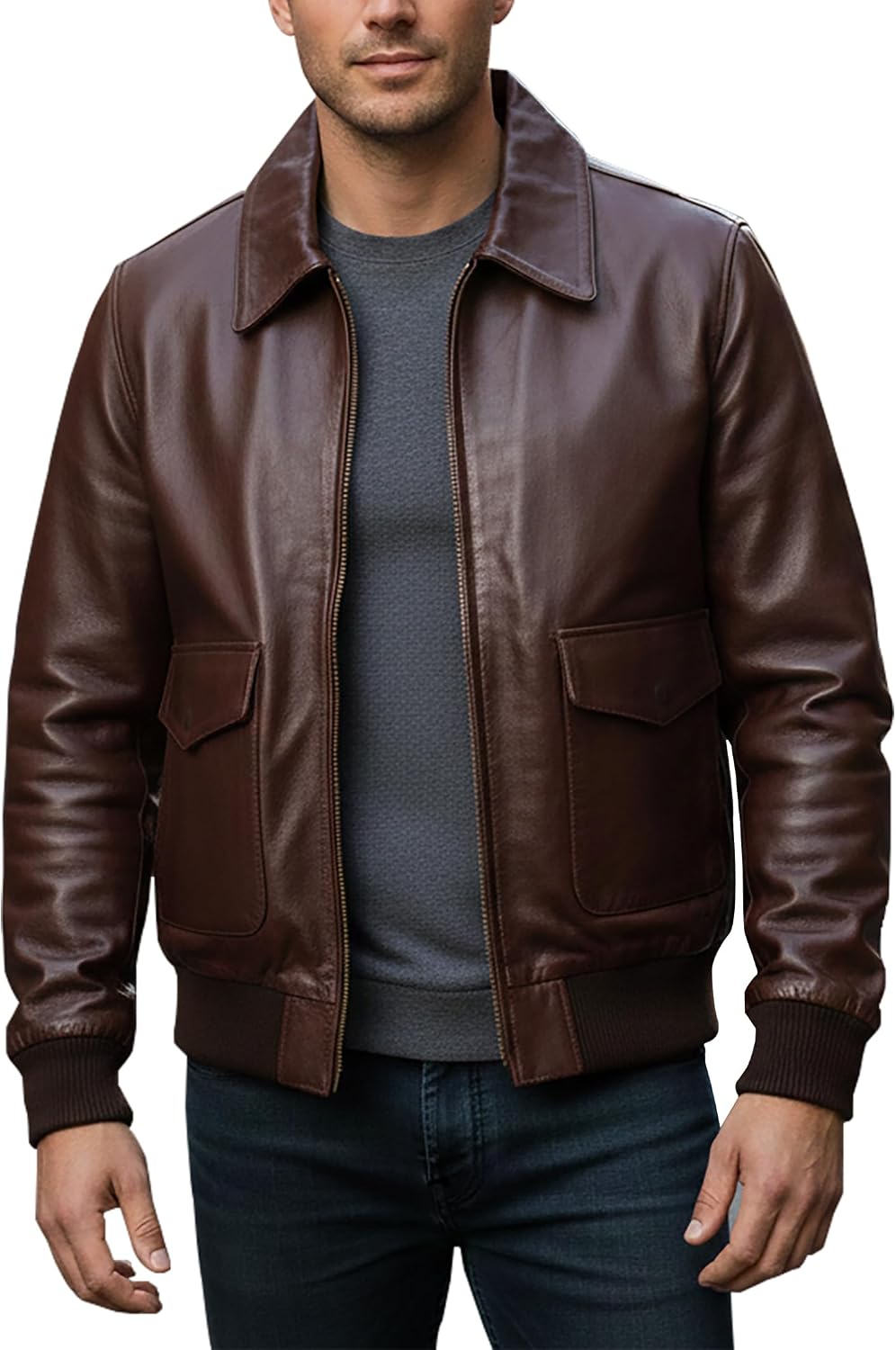 LP-FACON Mens Bomber Faux Leather Pilot Jacket - A2 Flight Faux Leather Jacket Mens