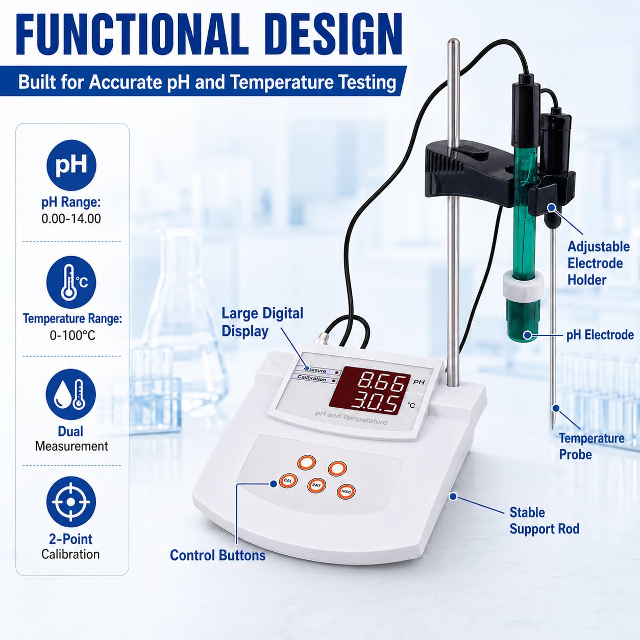 Misuratore di pH per laboratorio ed ecologia, calibrazione automatica dell'acidità con calibrazione a 2 punti, intervallo di pH 0,00-14,00, display LCD per test ambientali