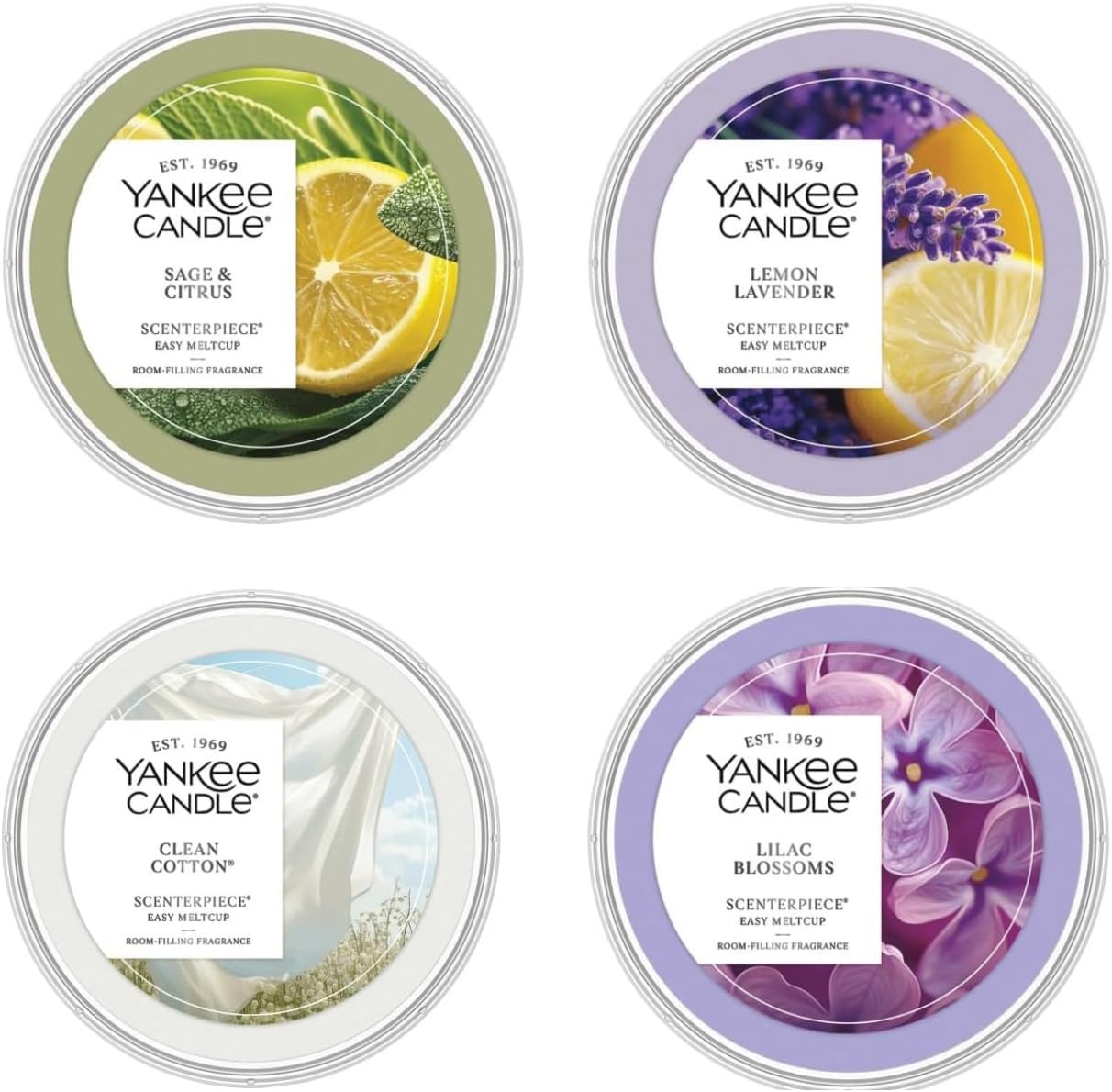 Yankee Candle Scenterpiece Easy MeltCup Wax Refills for Wax Warmers, Long Lasting Home Fragrance, Clean Cotton, Sage & Citrus, Lemon Lavender, Lilac Blossoms (Variety Pack)