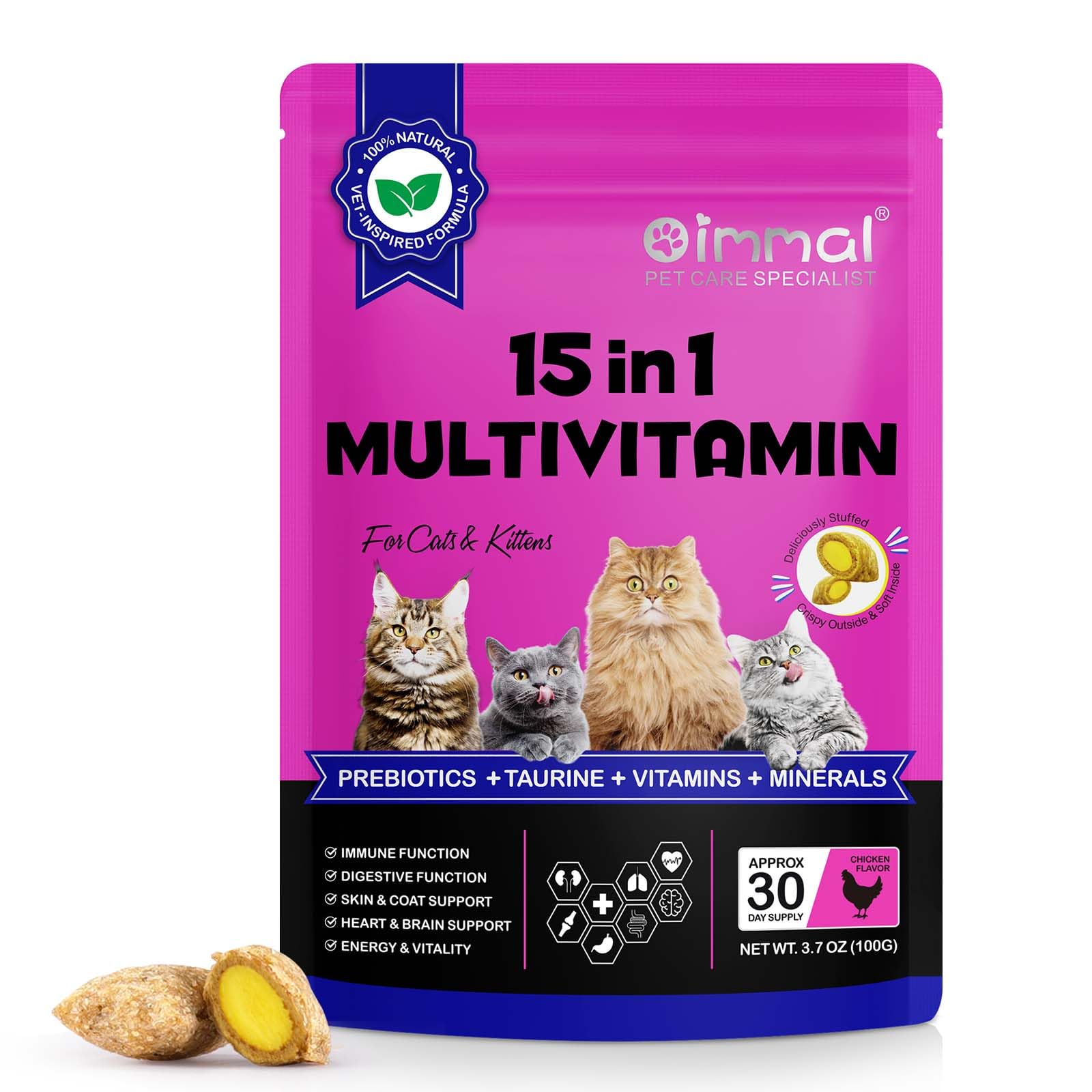 Cat Multivitamin Chews,15 in 1 Cat Vitamins Treats - Multivitamin, Taurine, Omega 3, Biotin, Prebiotics for Health + Immune Support, Skin & Coat, & Digestion (1)
