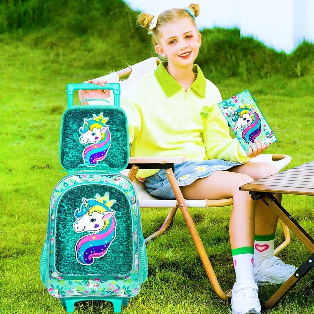 gxtvo Rolling Backpack for Girls, Kids Roller Wheels Bookbag - Roller Elementary Sequin School Bag - 3PCS Unicorn Green