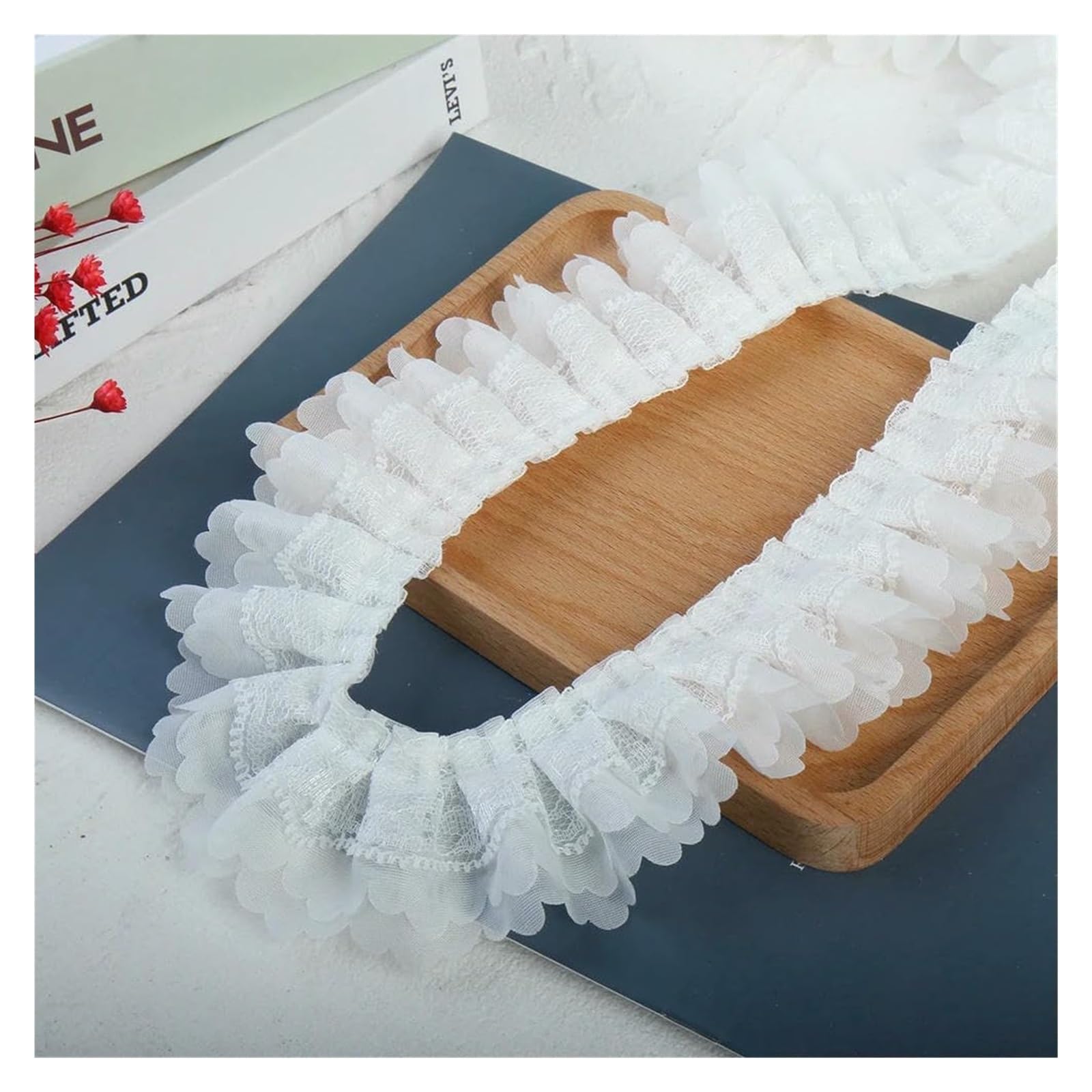 Szycie koronkowych wykończeń, Potargane plisowane koronkowe wykończenia, szyfonowa organza, 3-warstwowa spódnica/materiał pościelowy(4yards)