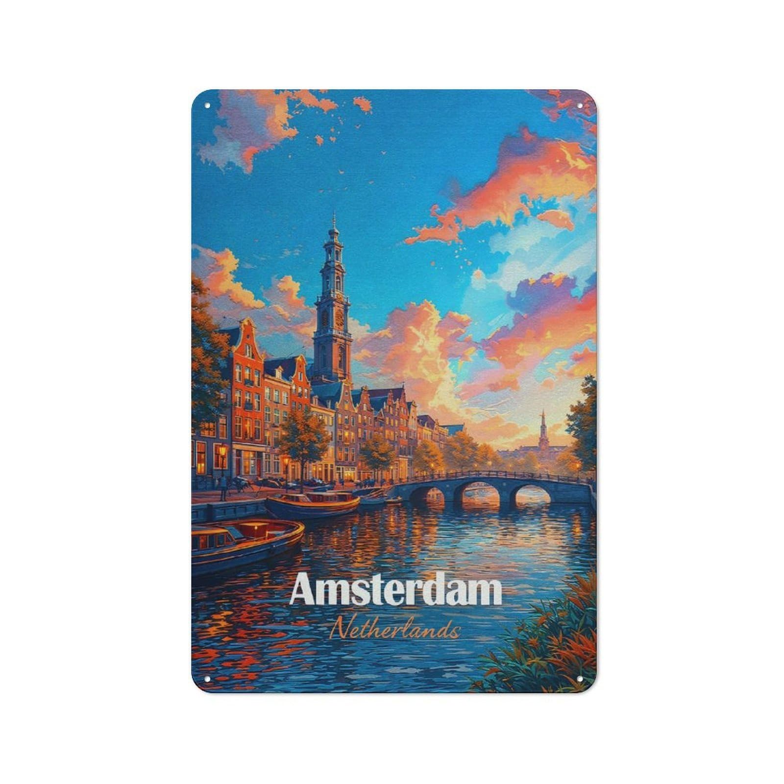 Amsterdam Canal at Sunset(2) Decorative Metal Wall Decor 30x20cm, Decorative Tin Plaque for Bedroom, Kitchen, Office Or Living Room