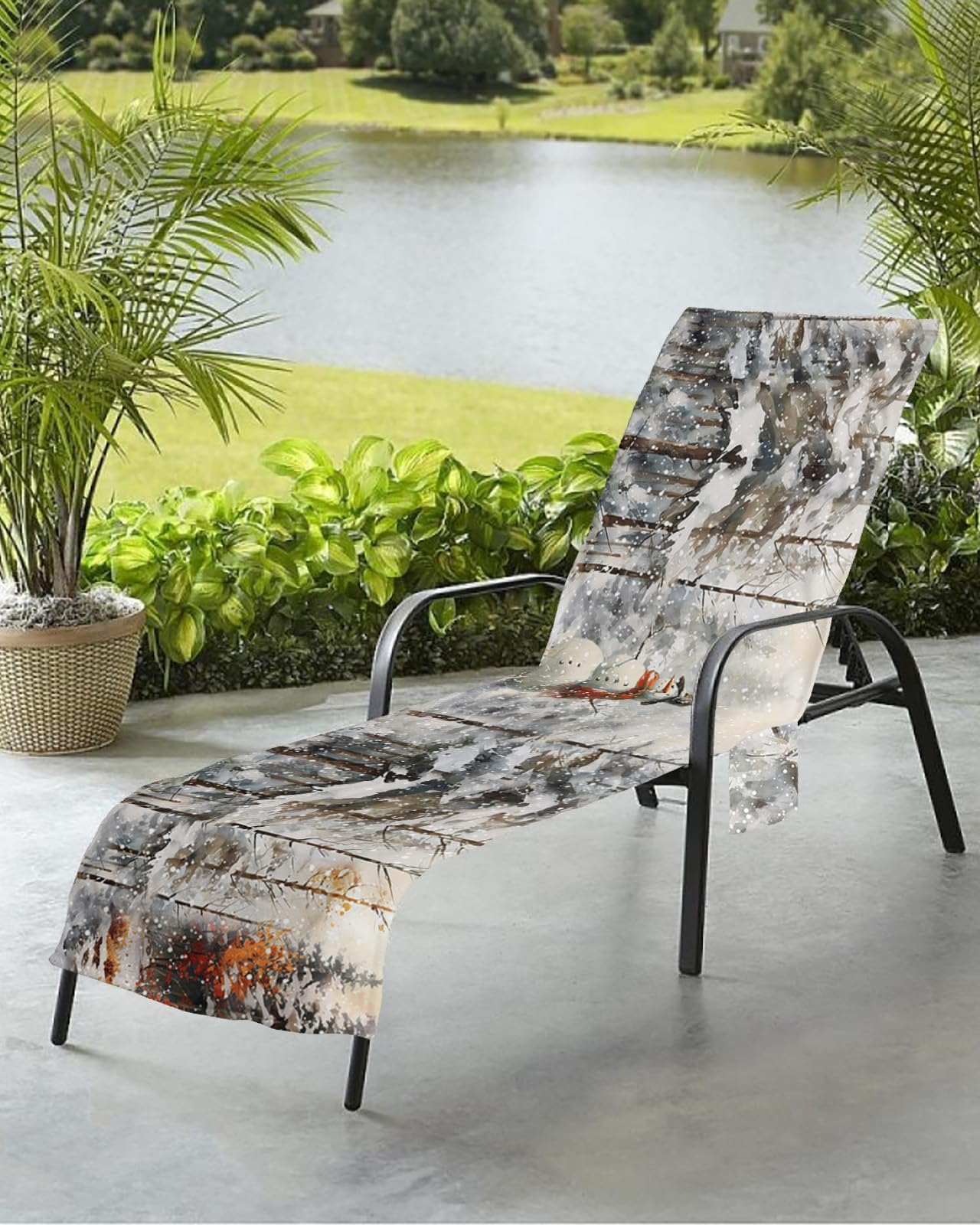 Christmas Snowman Beach Chair Towel Covers for Chaise Lounge With Side Pocket, Soft Plush Pool Towels Cover for Patio Sunbathing Outdoor 29''x85'' Forest Winter Snowy Tree