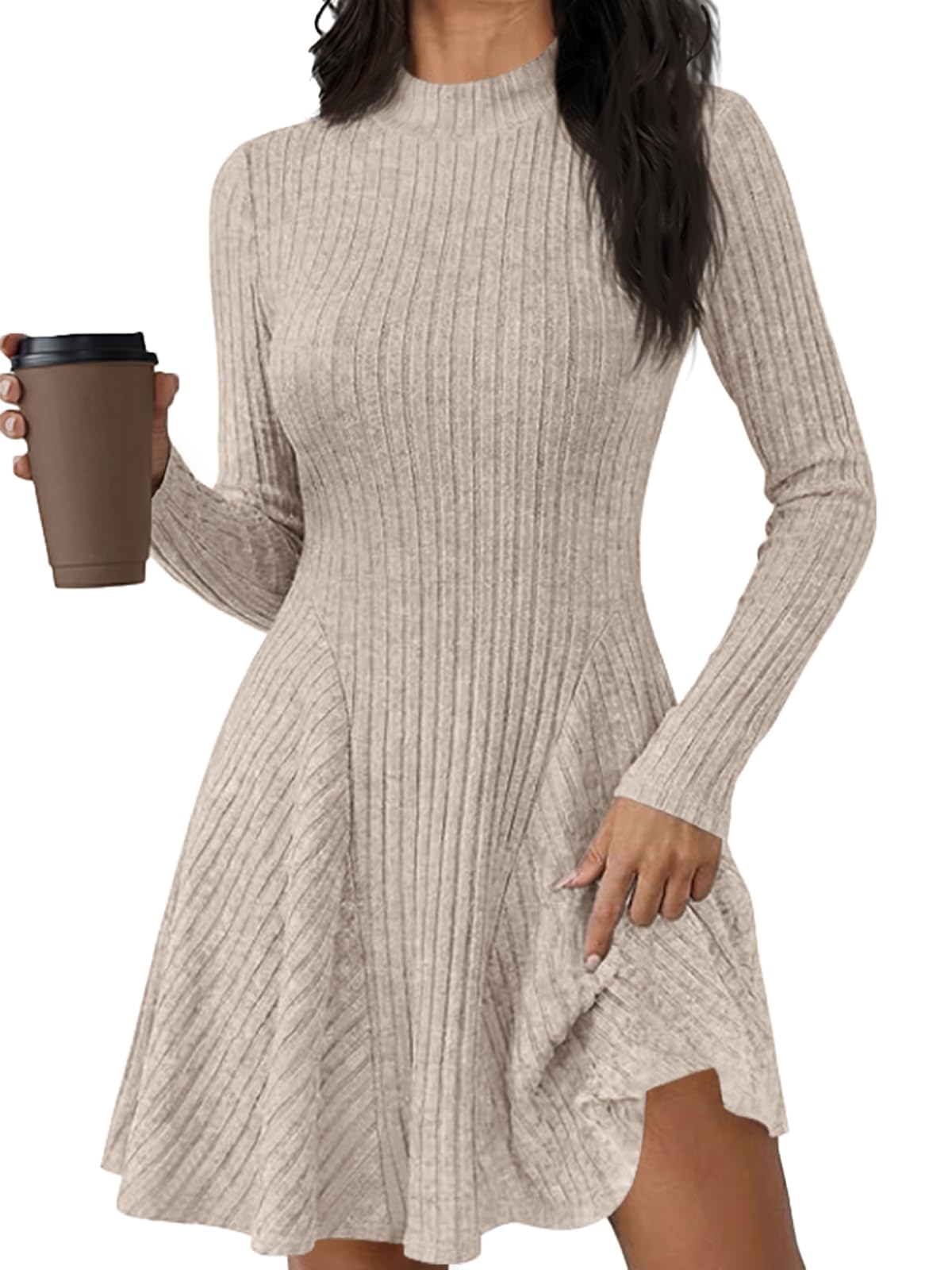 Saodimallsu Damen Strickkleid Halbhals Geripptes Pulloverkleid | A-Linie Herbstkleid,Strickpullover Kleid,Winterkleid,Elegant