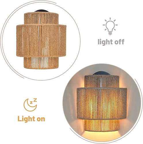 Miniatura 5 de Hodevimall Lámpara de pared con cuerda de cáñamo, apliques de pared inalámbricos para dormitorio, estilo rústico de granja, vintage, para