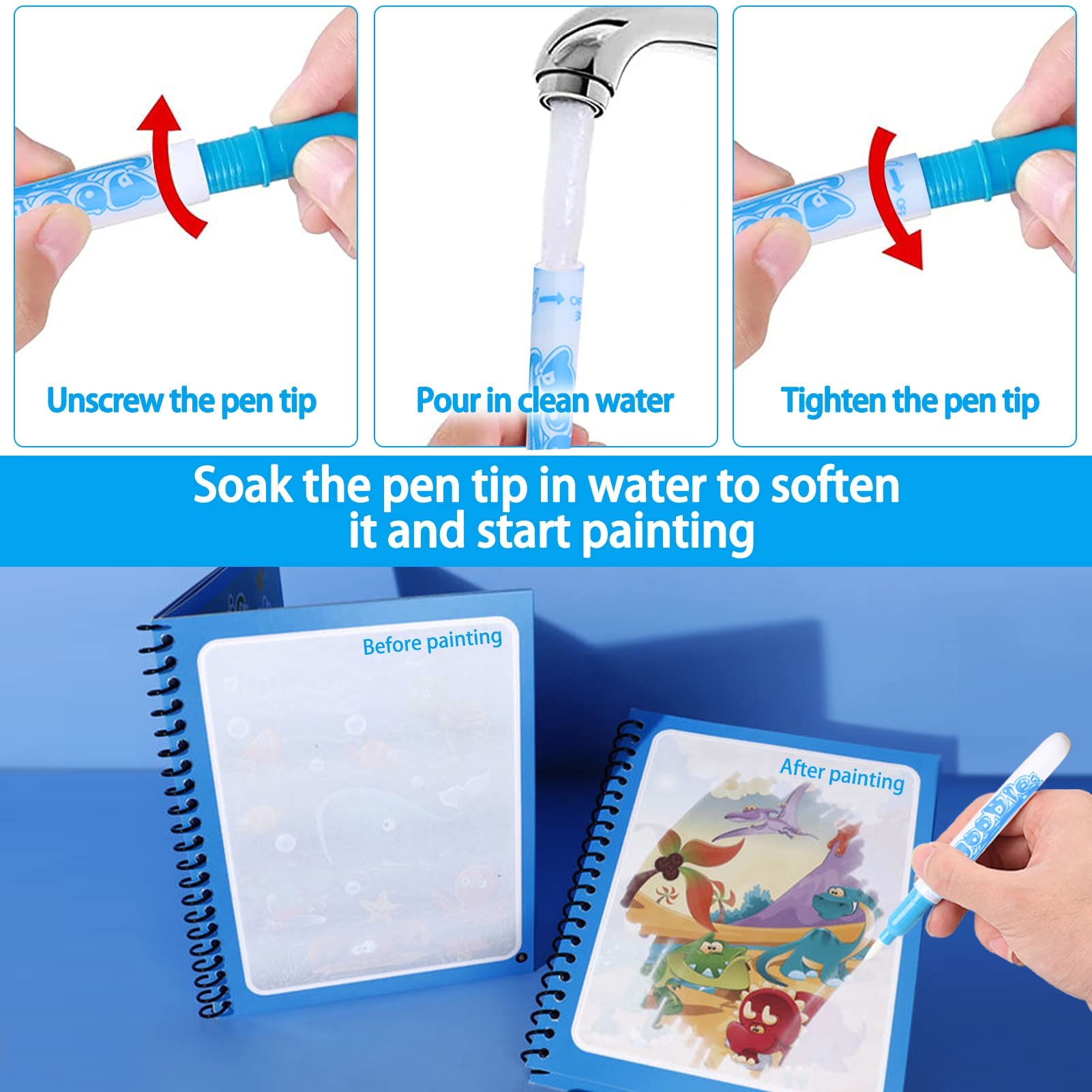 Libri Da Colorare Con Acqua WHC Confezione Da 6 Penne Ad Acqua, Libro Da Disegno Magico, Libro Da Colorare Riutilizzabile Con Penna Ad Acqua Per Ragazzi E Ragazze Giocattolo Educativo Da Disegno